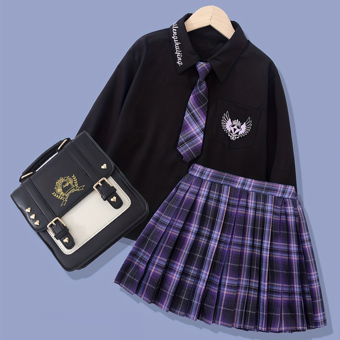 Jk Uniform Suit For Tween Girls, Embroidery Collared Shirt + Pleated Short Skirt (Without Bag/ Suit Tie), For Outdoor Casual Activities