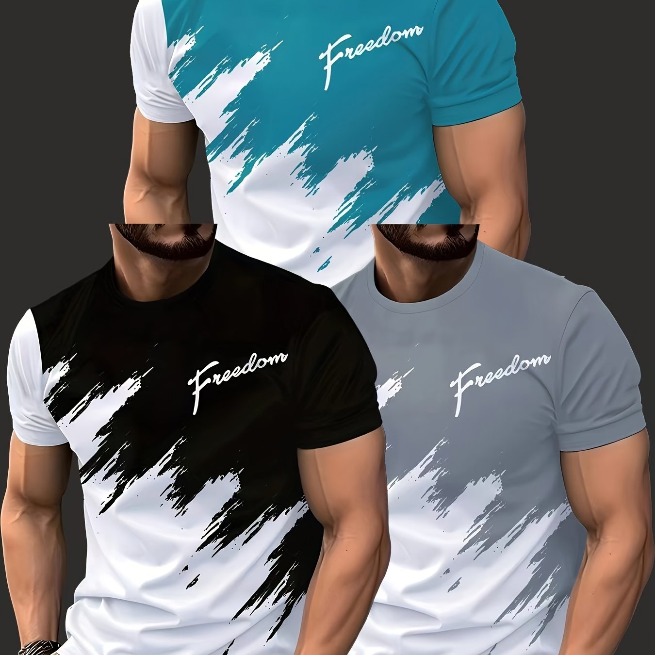 Image of 3pcs Pack Men's Casual Round Neck Short Sleeve T-shirts - Pack Value, Geometric Patterns, Solid Colors Suitable For Casual Attire, Office & Social Events - Comfortable Round Neck (no End)