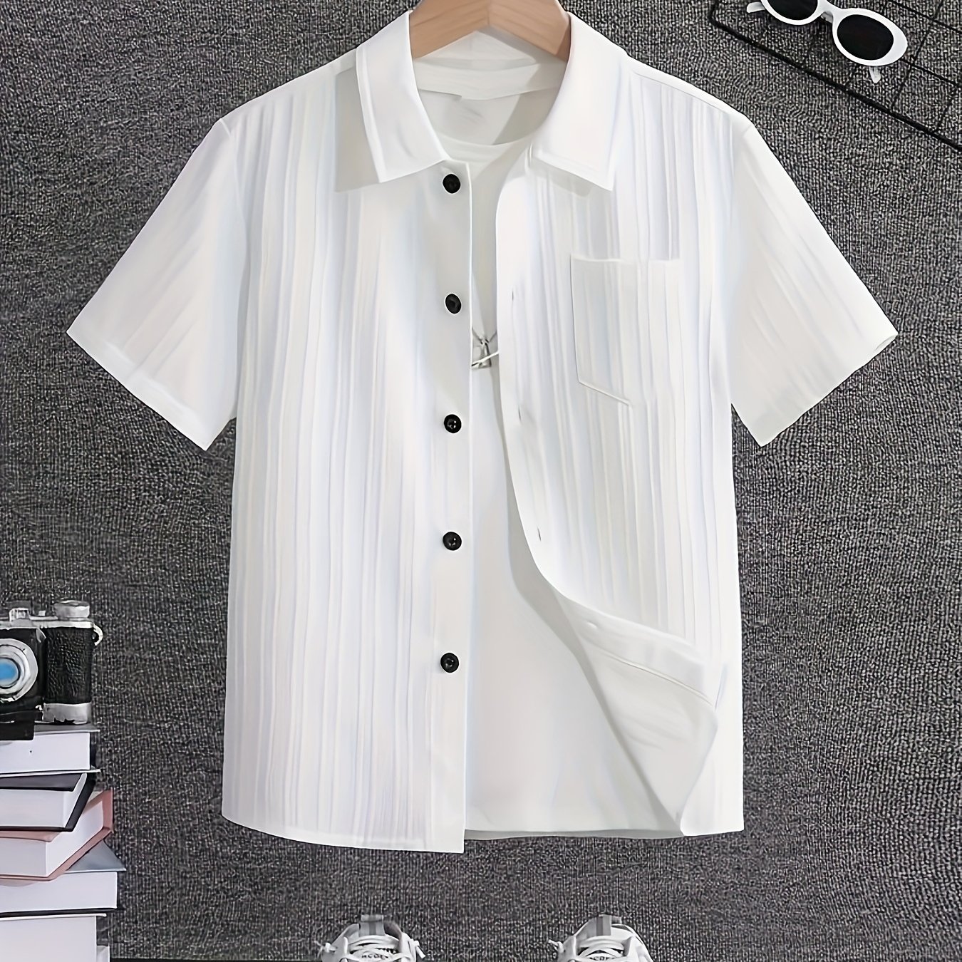Image of Boys' Summer Casual Short-sleeve Shirt With Striped Collar & Chest Pocket, Non-stretch Polyester, White With Vertical Stripes, (hand Wash Or ), Shirt | Buttonup Shirt | Nonstretch Fabric, Boy Shirts