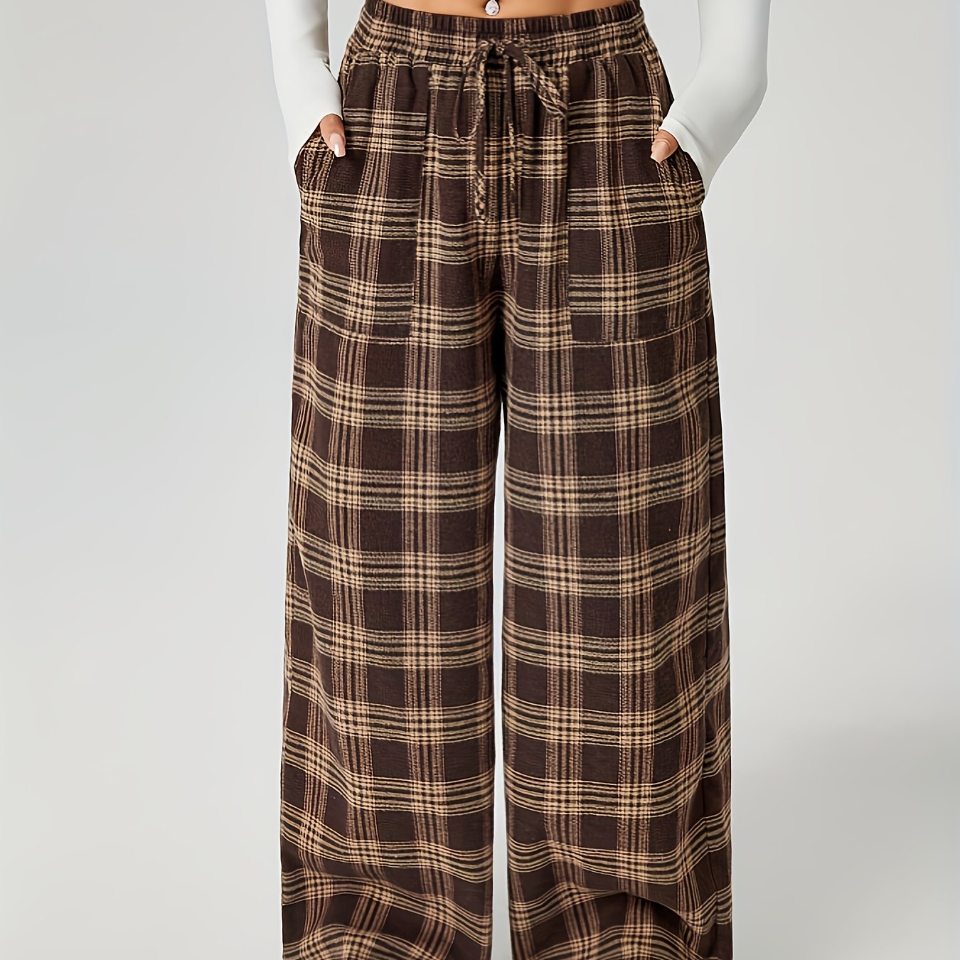 TEMU Women's Wide-leg Winter Pants With Grid Pattern () - Elastic Waist & Drawstring, Non-stretch Trousers For Fall/winter, Casual Or Dressy Outfits,