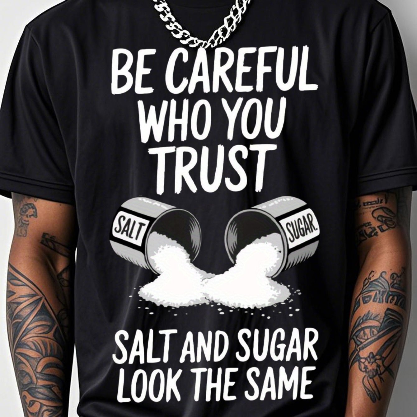 TEMU Men's T-shirt With Salt And Sugar Pattern | Black Crew Neck Short Sleeve, Breathable, Slight Stretch, Geometric Pattern, Humorous Salt Theme