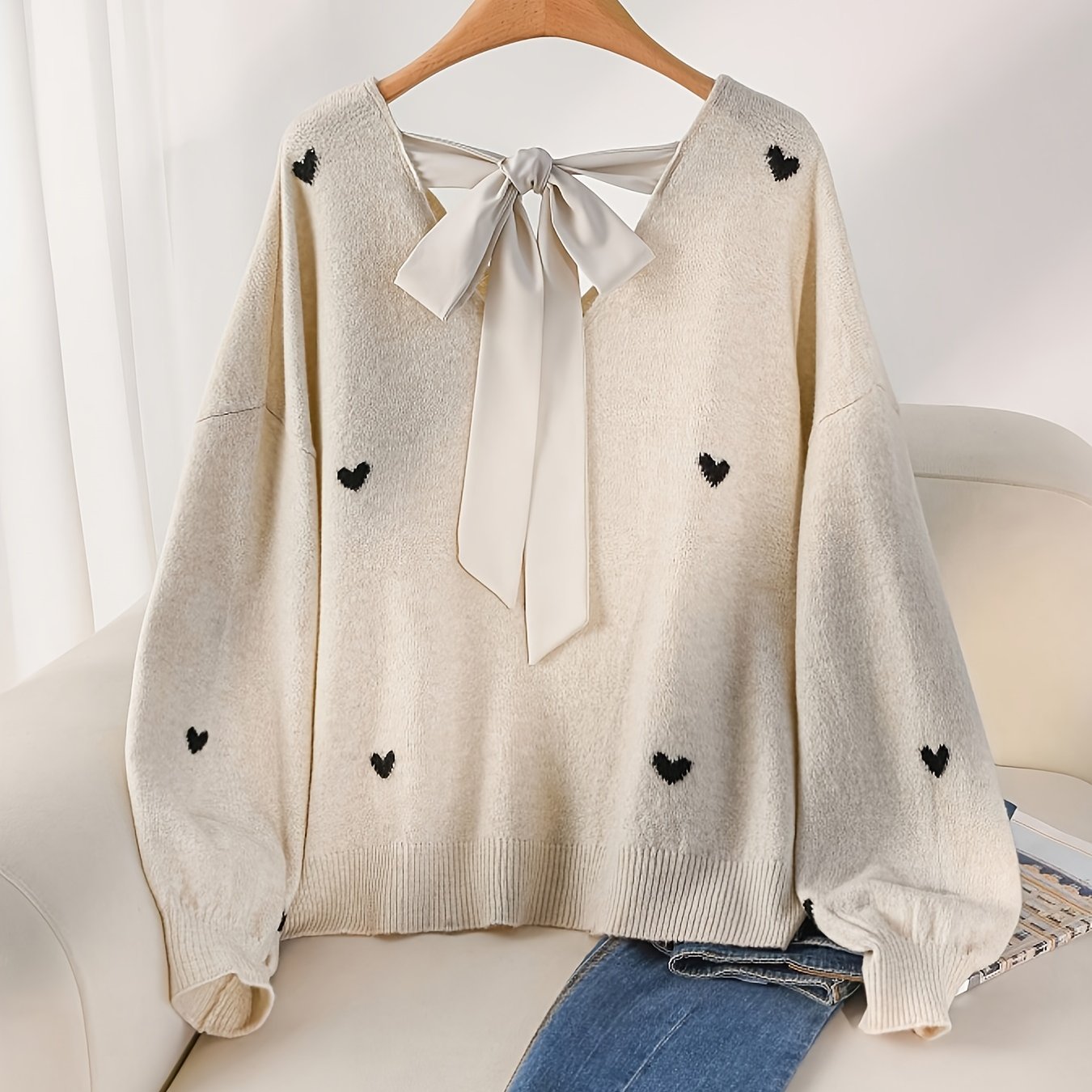 Plus Size - Autumn Winter Plus Size Women's Casual Elegant V-neck Heart Back Bow Ribbon Plus Size Pullover Top