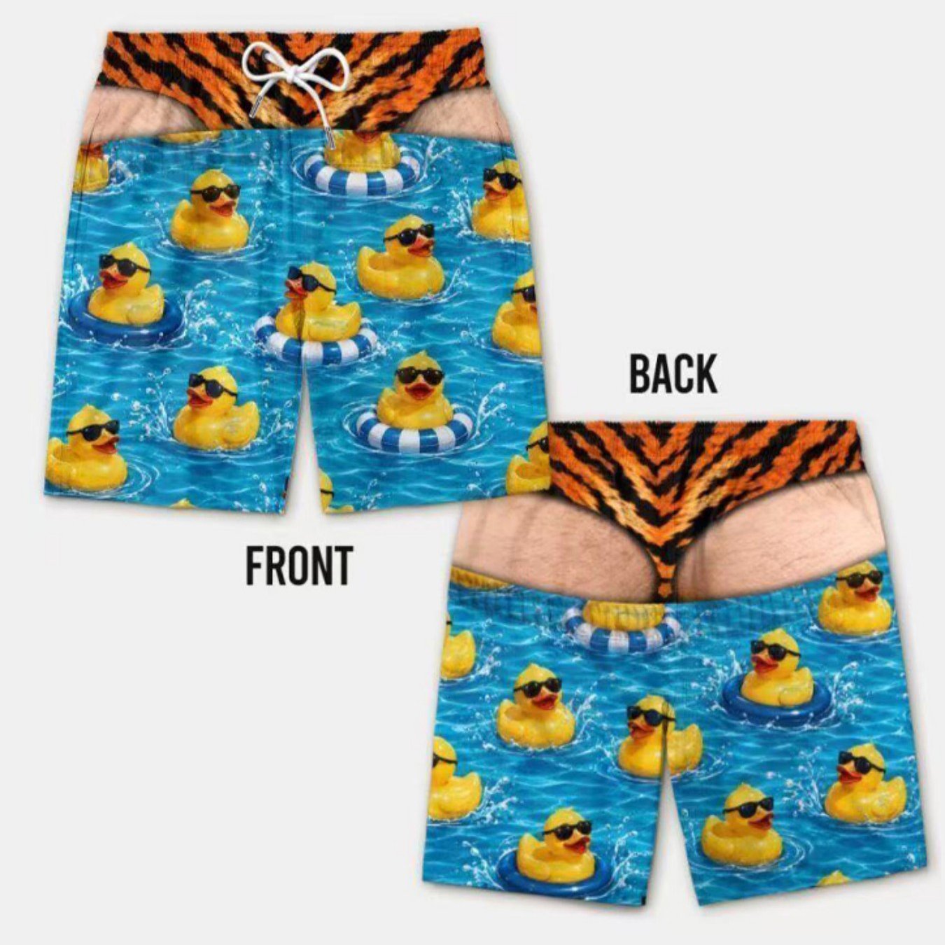 TEMU [print Design - Not Textured] Men's Creative Print Fake Two-piece Beach Shorts, Online Cartoon Little Yellow Duck, Individual Print Seaside