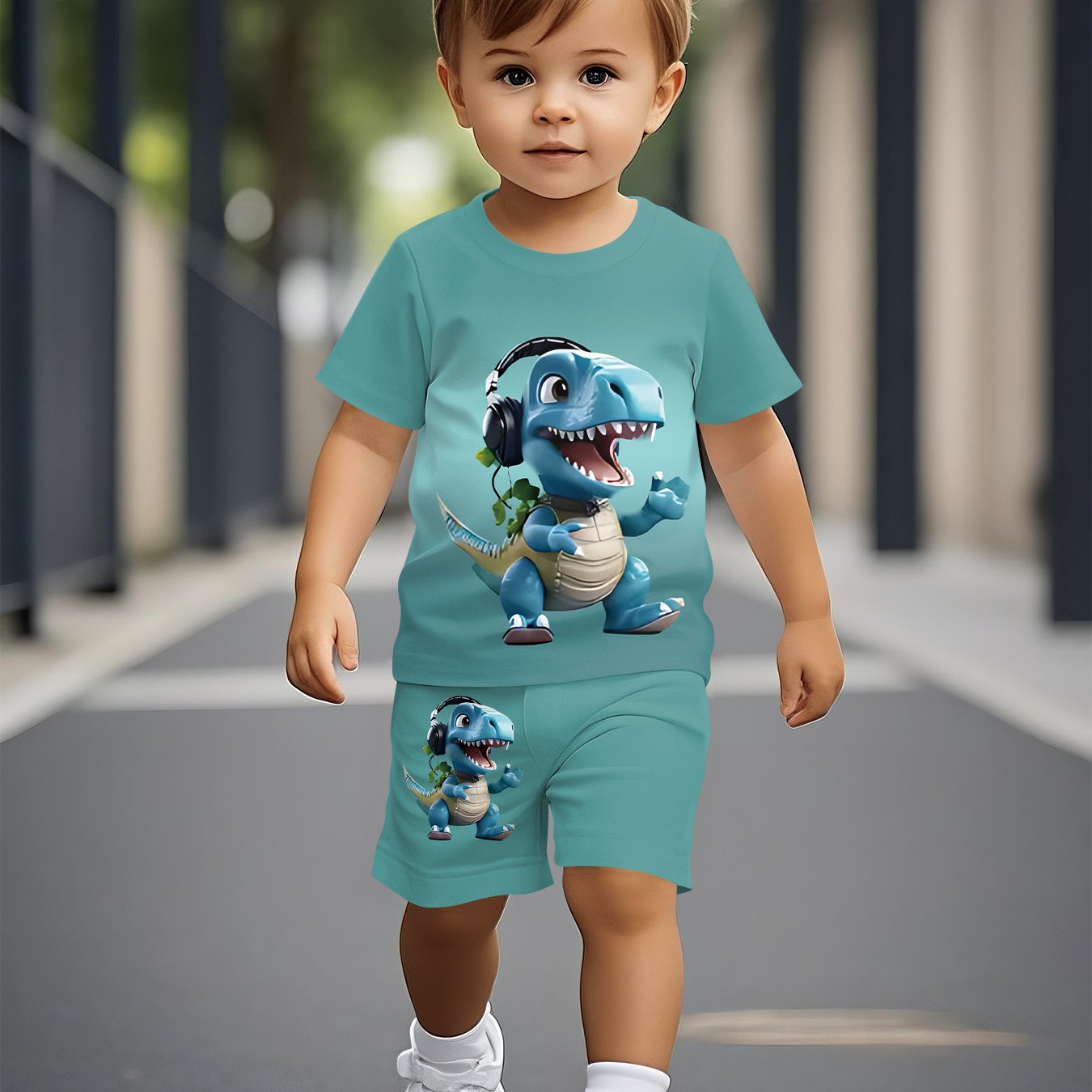 Image of Trendy And Fashionable Cartoon Music-playing Dinosaur Pattern Print | Summer Short-sleeved Set For Boys, Comfortable And Casual Fit, For Outdoor, Halloween