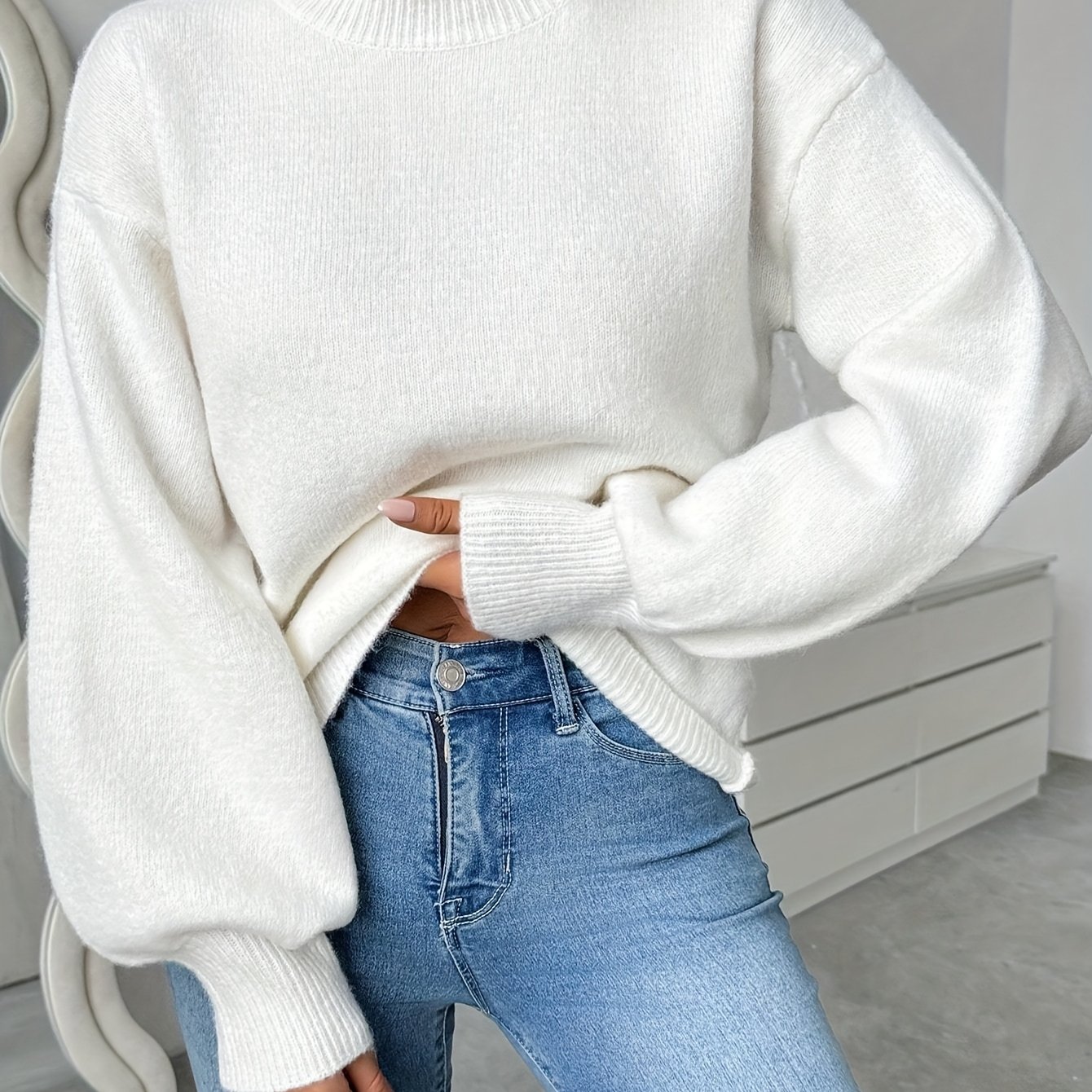 Women' Round Neck Long Sleeve Casual Sweater, Drop Shoulder Lantern Sleeve Pullover, Elegant Women's Wear, Suitable For Autumn Winter Season
