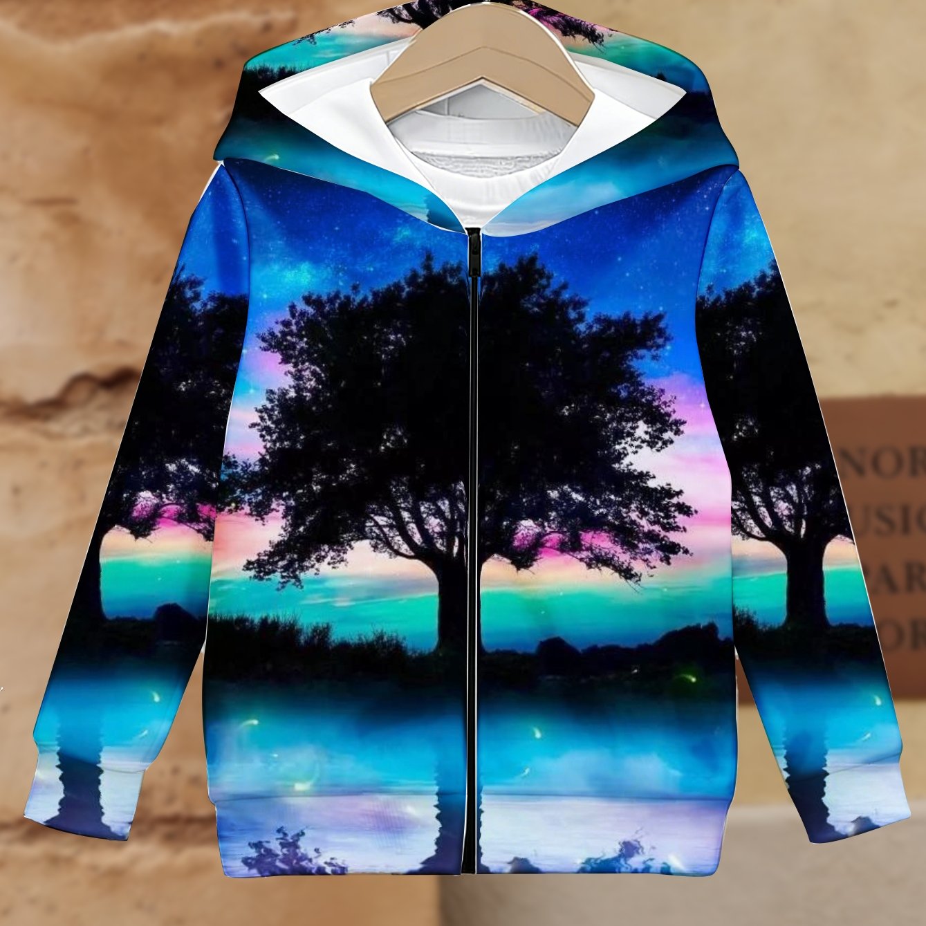 TEMU Plus Size Men's Zip-up Hooded, Fashionable, Trendy, Printed Hoodies Sky Gradient Sunset Reflection Night Landscape Colorful Nature Scene
