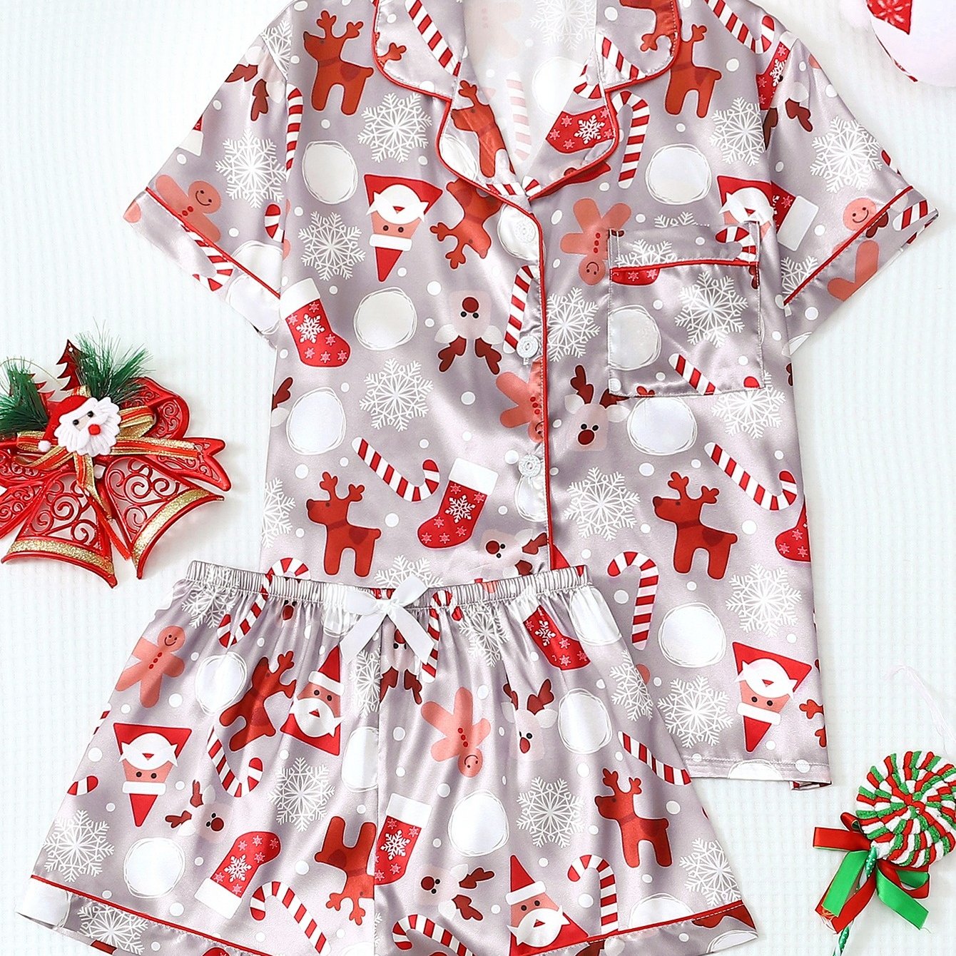 TEMU Teenager Christmas Snowflake Reindeer Print Short Sleeve And Shorts Pajama Set, For Teenager, For Teenager