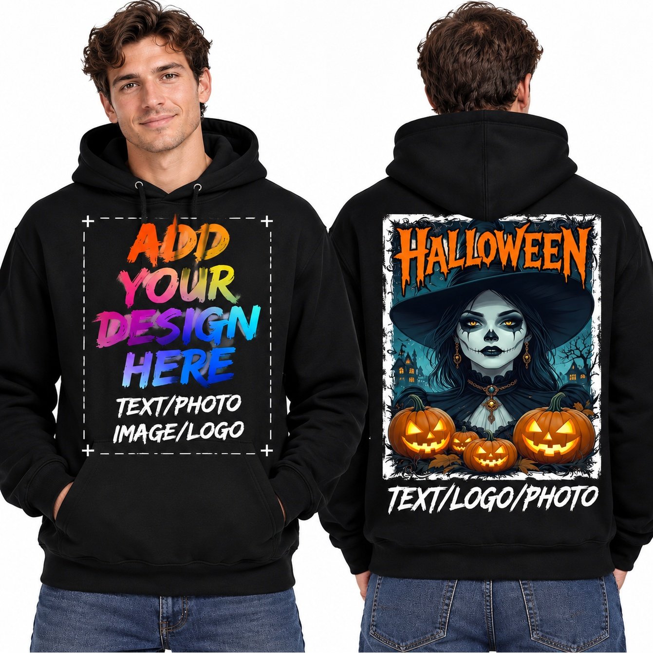 Image of Custom Personalized Hoodie Design Your Own, Add Photo Text Logo Front Back Print Unisex Black Pullover Hooded Sweatshirt Halloween Casual Top