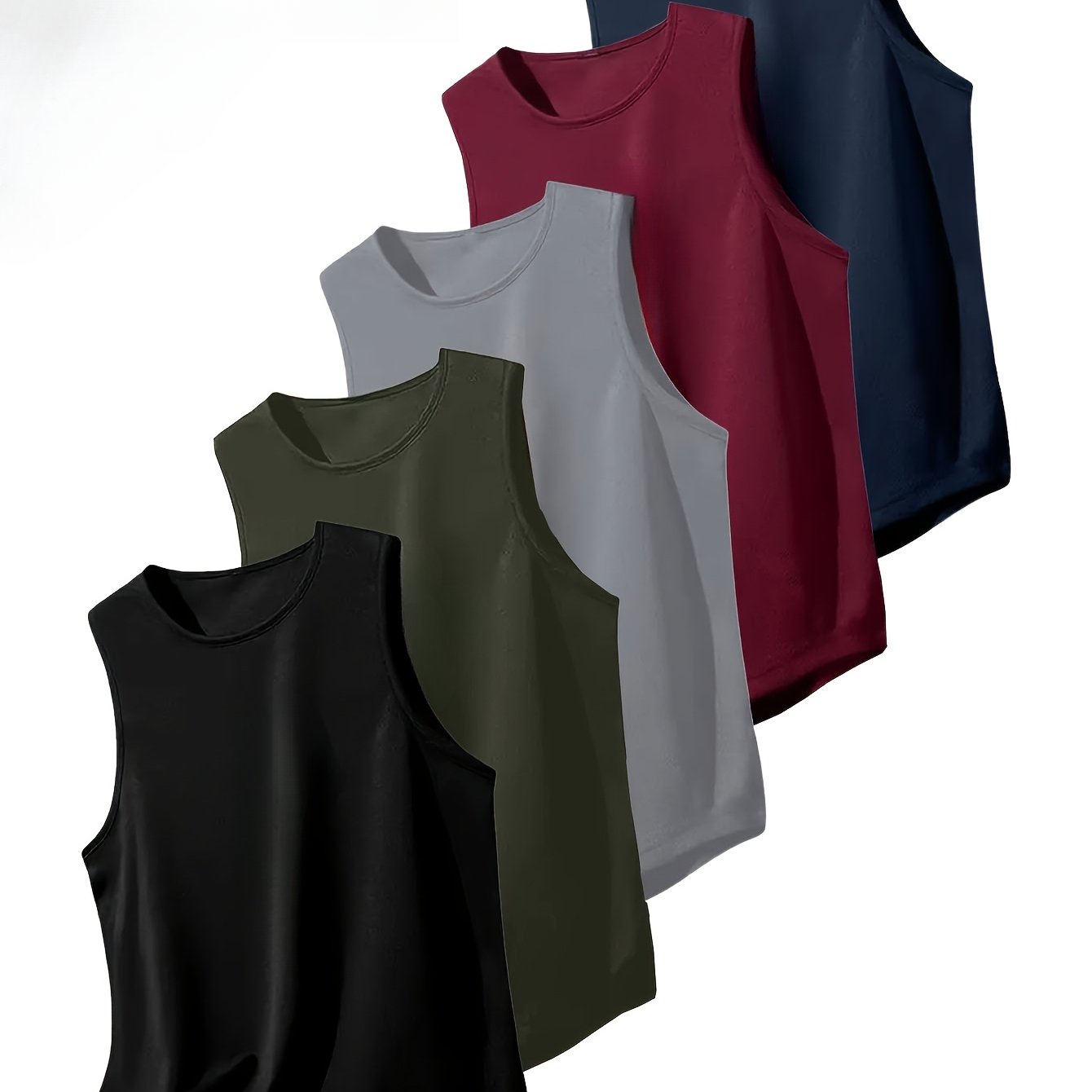 TEMU Men's 5pcs Sleeveless Tank Tops (black, Army Green, Grey, Wine Red, Navy) - Breathable Quick- Fitness Vest, Casual Workout Gear, Stylish