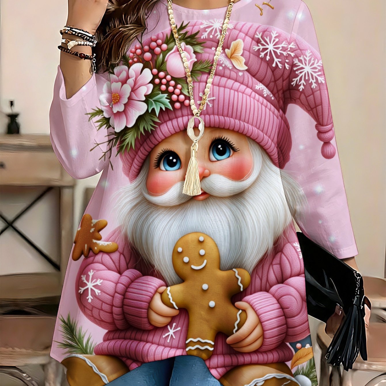 Image of Plus Size - Fashionable , Women's Long-sleeve Blouse With Round Neck And Asymmetric Hem, Cute Gnome Print, Micro-elasticity, Perfect For Spring And Summer Wear, For Women In Larger Sizes