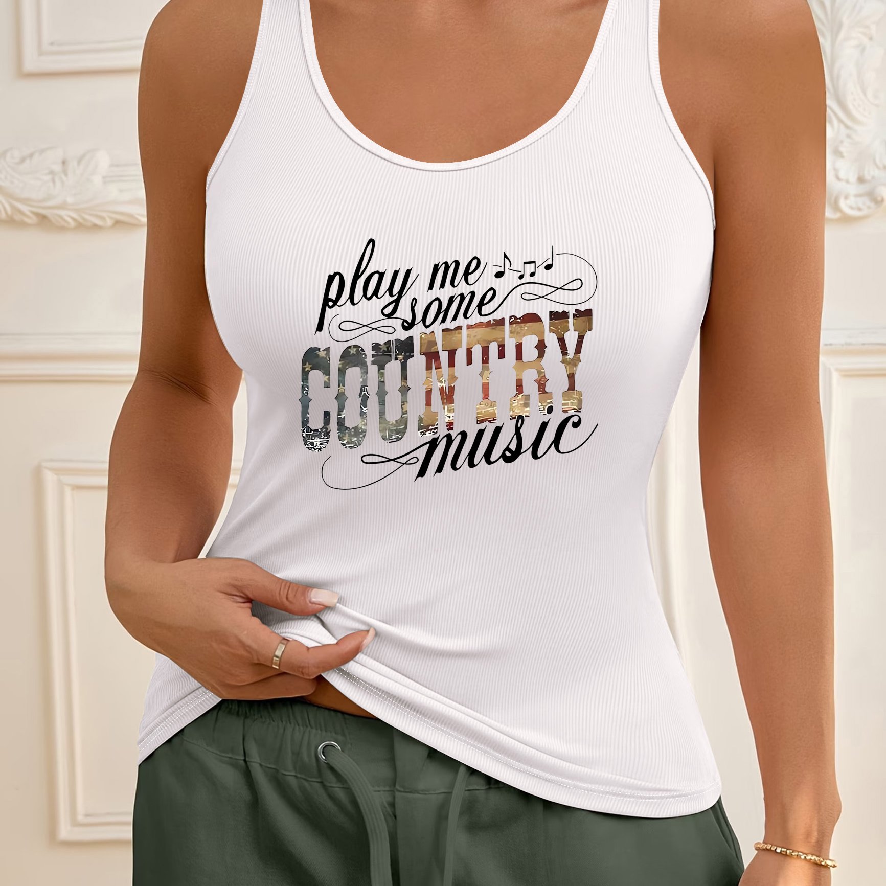TEMU Women's Spring Summer Fashion Casual Ribbed Off-shoulder Camisole Vest, Vintage " Some Country Music" Letter Print, Comfortable And Breathable