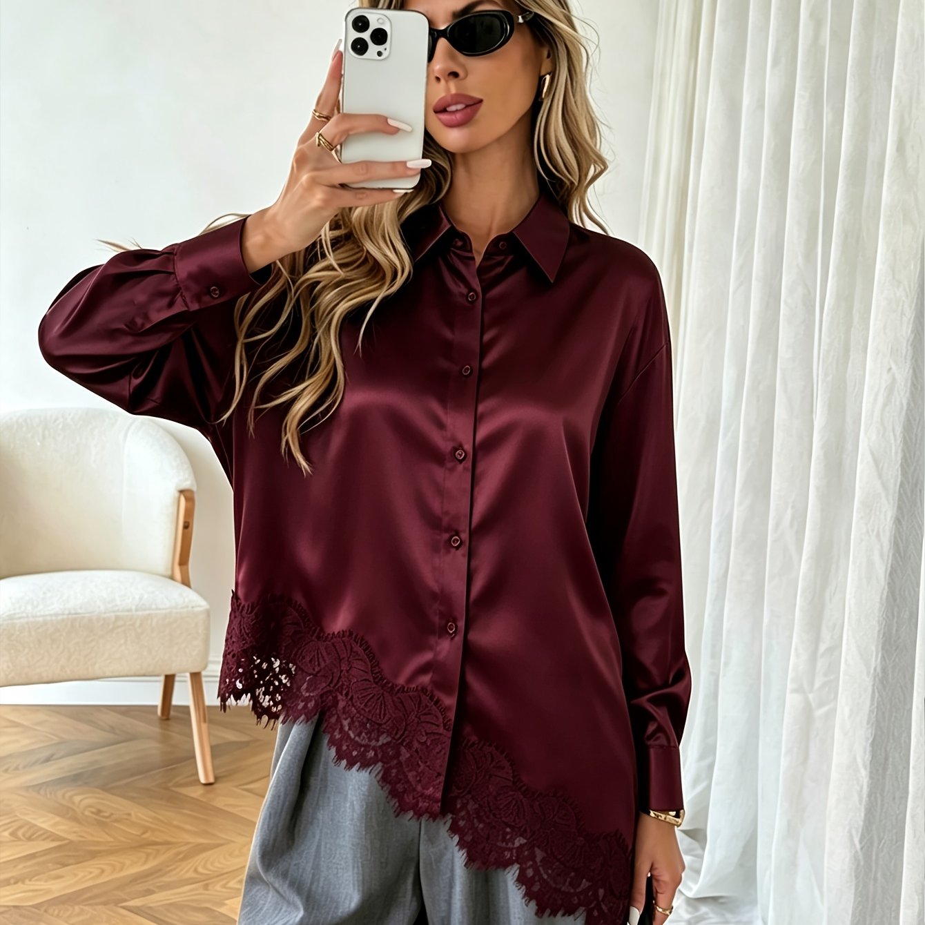 TEMU Elegant Women's Long Sleeve Lapel Casual Shirt With Asymmetrical Hem And Lace Detailing
