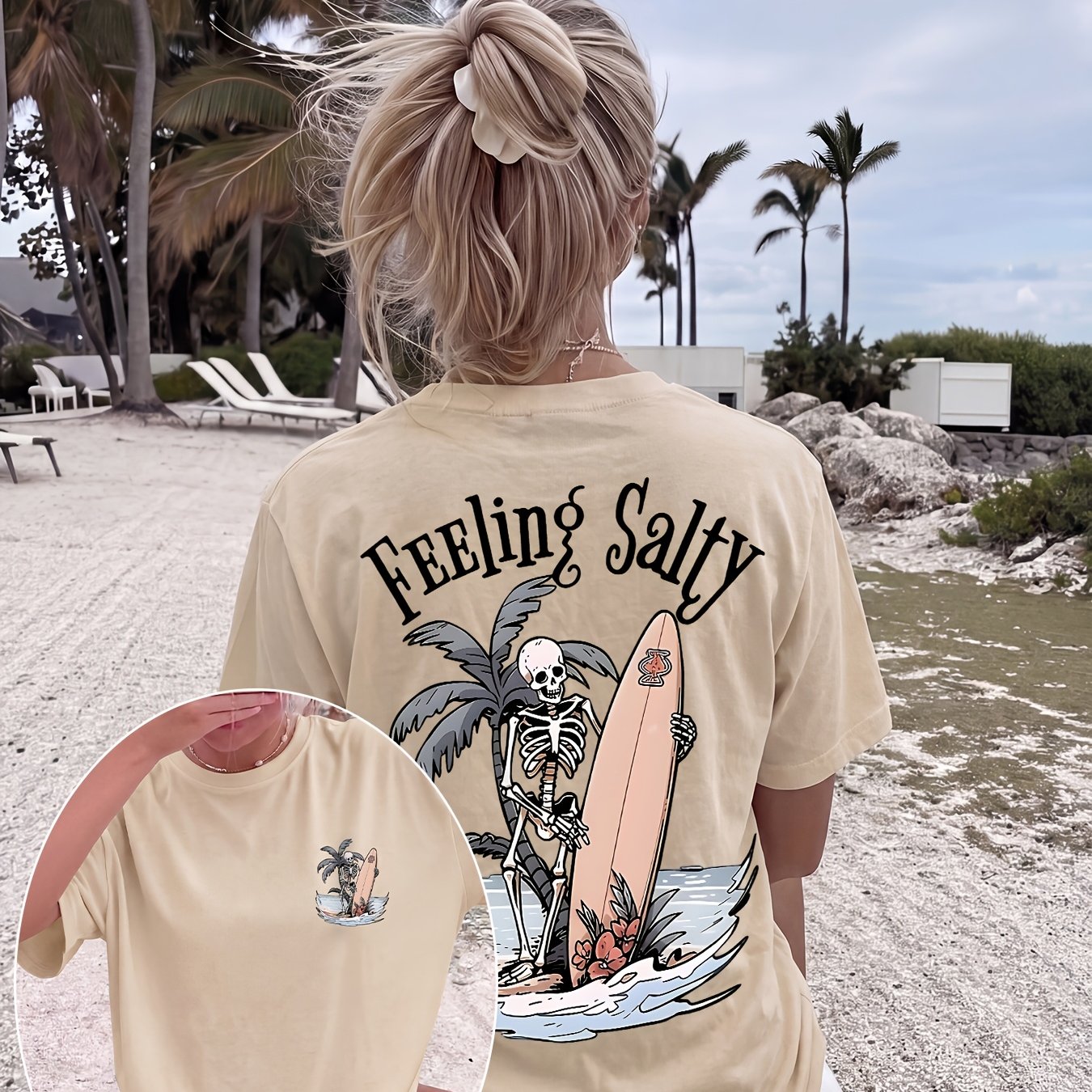 TEMU Women's Vintage T-shirt Suitable For Surfing & Beach Outfits - Feeling Salty Skull & Palm Tree Print Short Sleeve Crew Neck Top, Retro Surfing