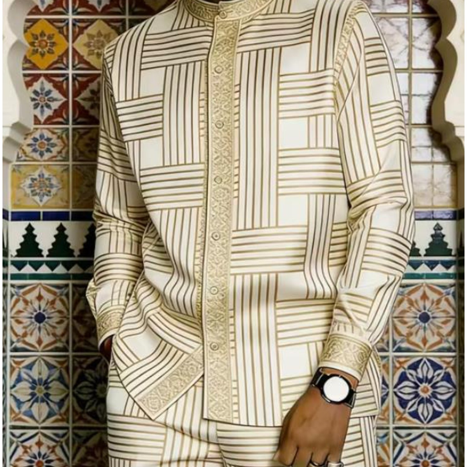 TEMU Ensemble pièces pour homme, style décontracté, comprenant une chemise à manches longues et un pantalon, avec un motif géométrique architectural