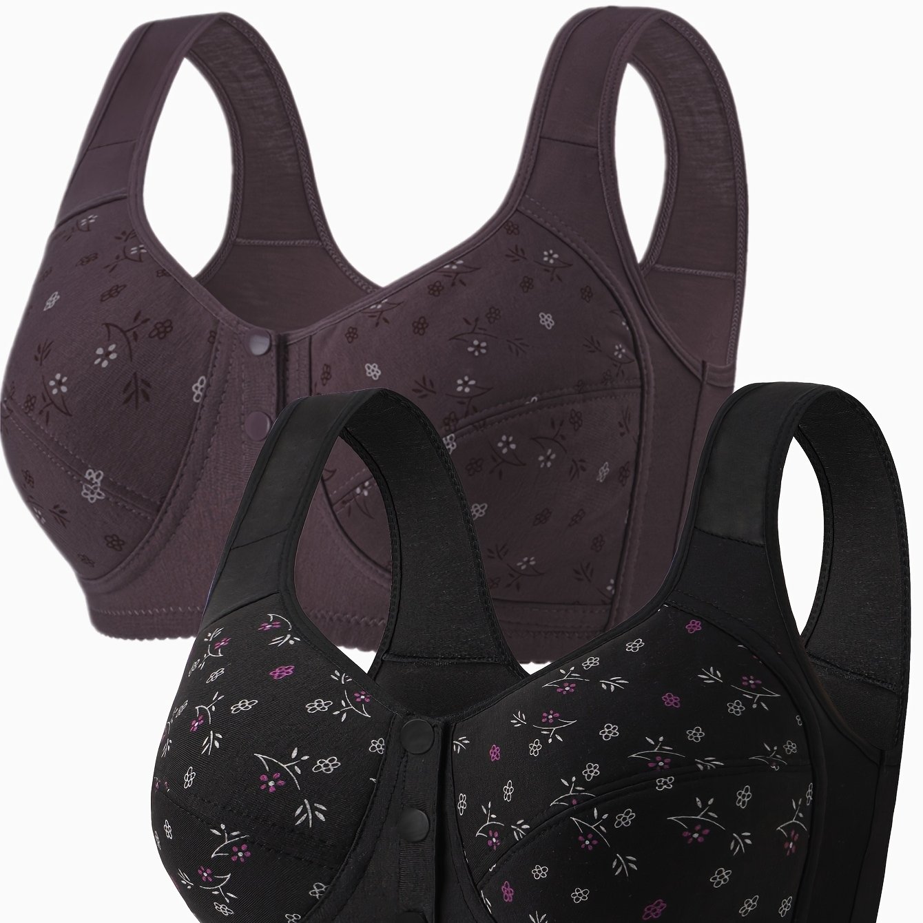 TEMU 2pcs Set Of Front-button Floral Elegant Women's Lingerie Anti-sag Anti-wardrobe Side-squeeze Vest-style Wireless Bra