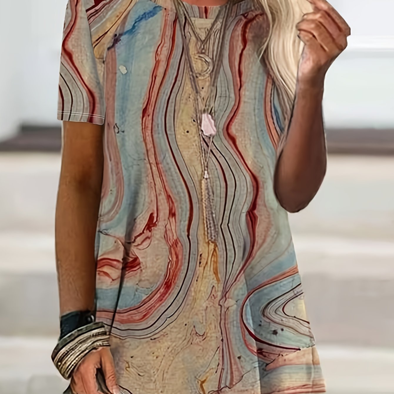 TEMU Women's Casual Summer T-shirt - Vibrant Abstract Print, Short Sleeve, Crew Neck, Polyester, Lightweight, Fashionable, Casual Attire|vibrant Print Top|lightweight Fabric