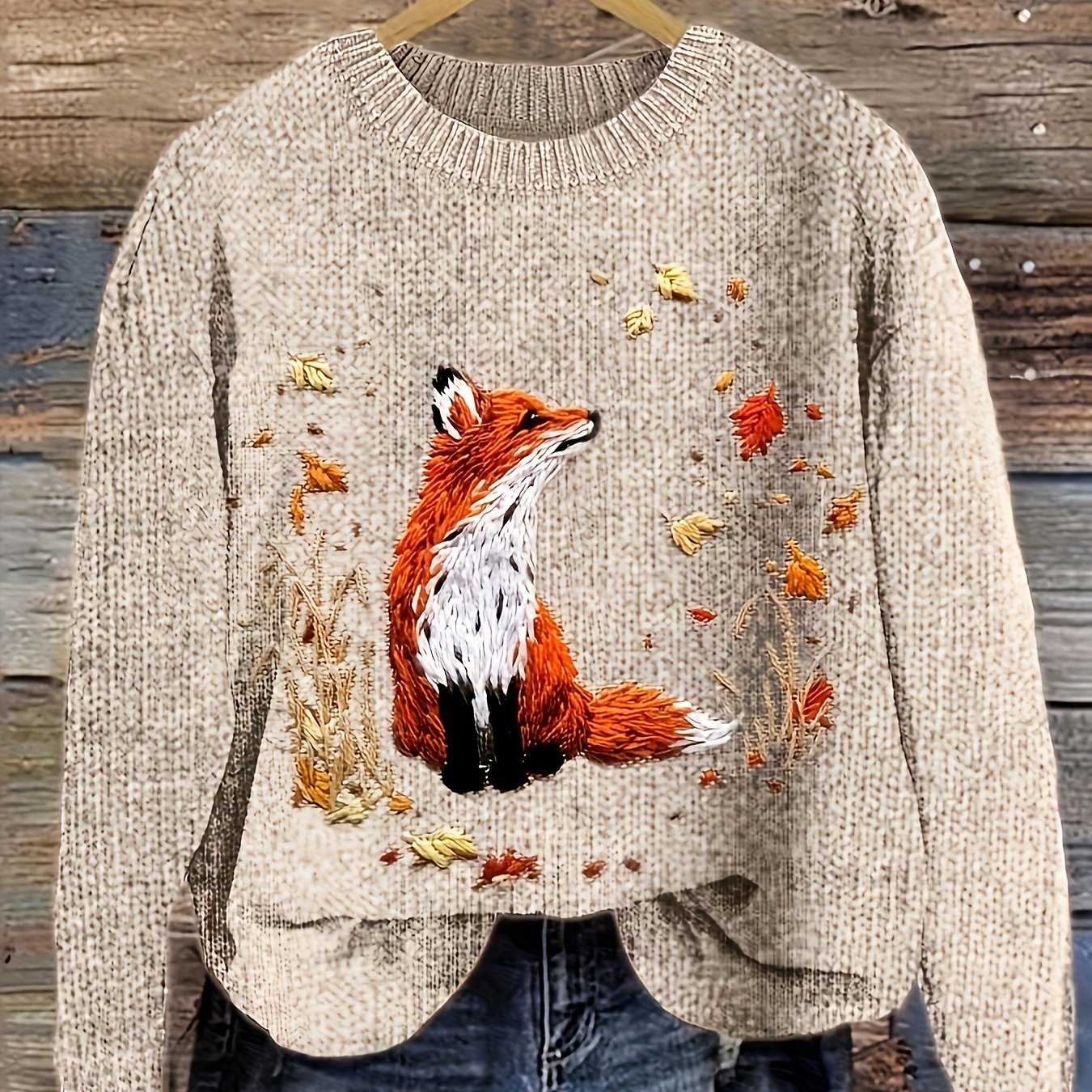 2d Flat Pattern Printed Fox Style Long-sleeve Sweater