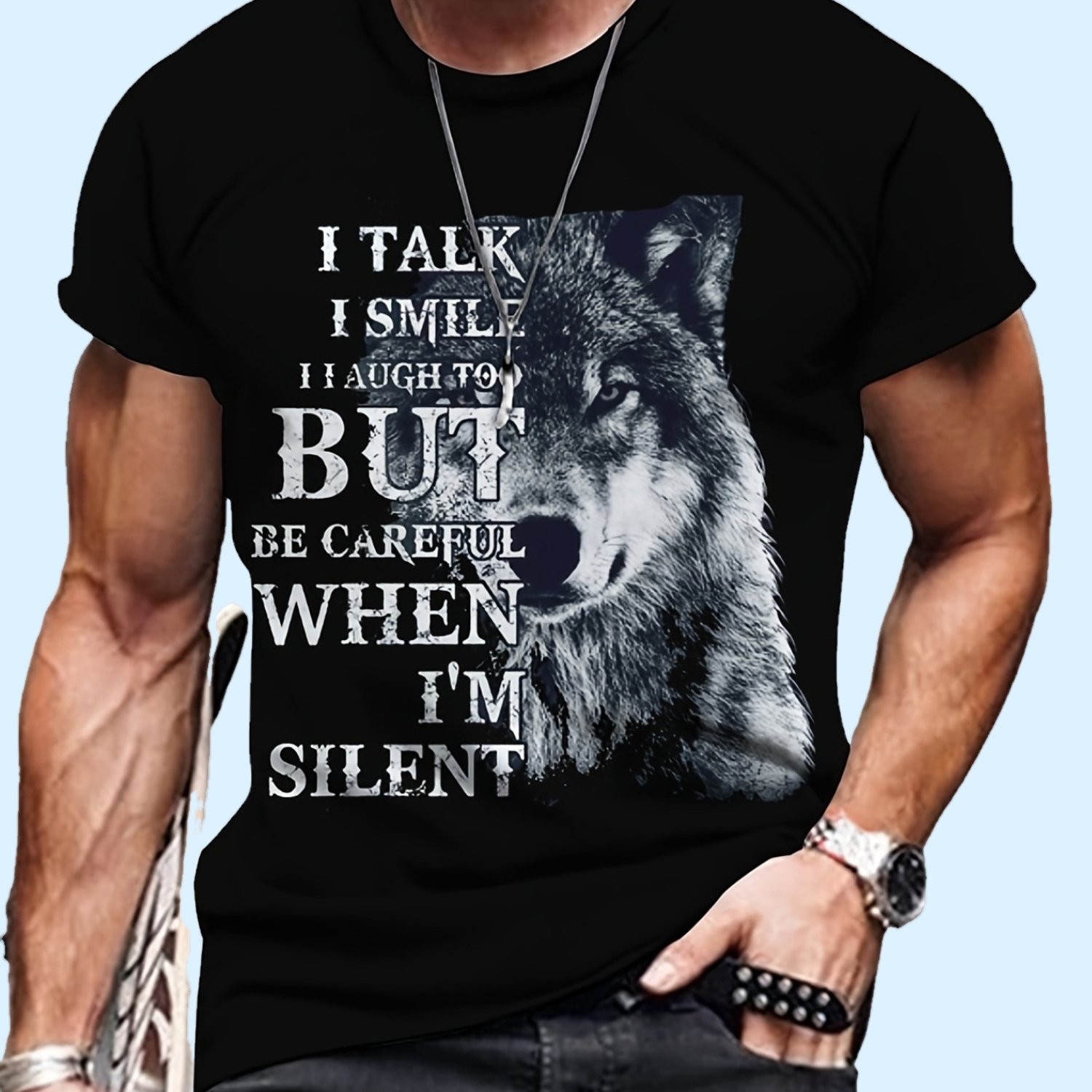 TEMU 1pc, 100% Cotton T-shirt, Men's Cool Wolf Print T-shirt - A Casual And Comfortable Summer T-shirt For Casual Attire And Resorts Cotton Printed