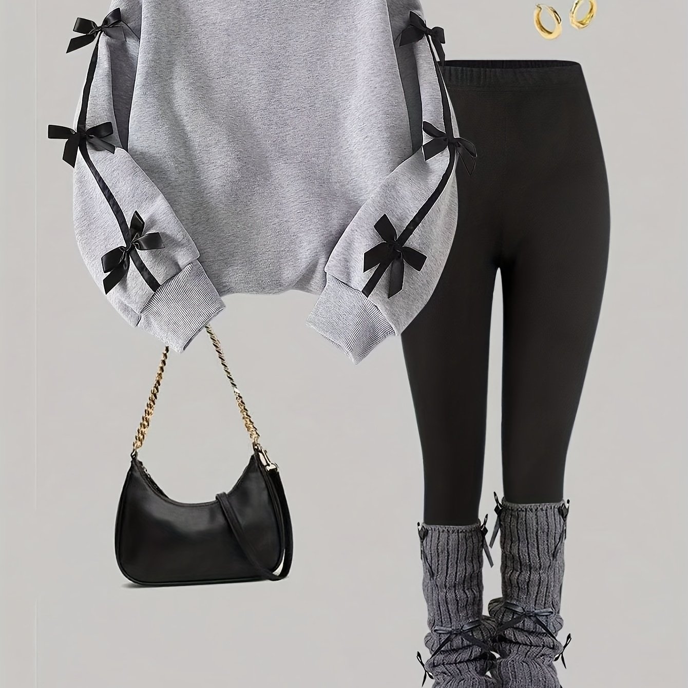 Image of Girls' 2pcs Autumn And Winter Outfit, Korean Casual Gray Sweatshirt With Ribbon Bow And Leggings Set For Autumn And Wear, For Outdoor, Regular Fit, Breathable, Daily, Crew Neck, Christmas, Halloween