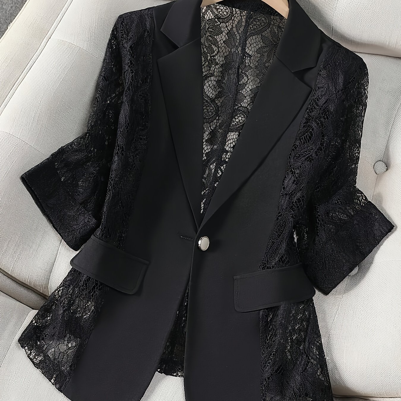 E-shop Dünner Damen Patchwork Spitzen Blazer, Leicht, Freizeit Bürokleidung, 3/4 Ärmel