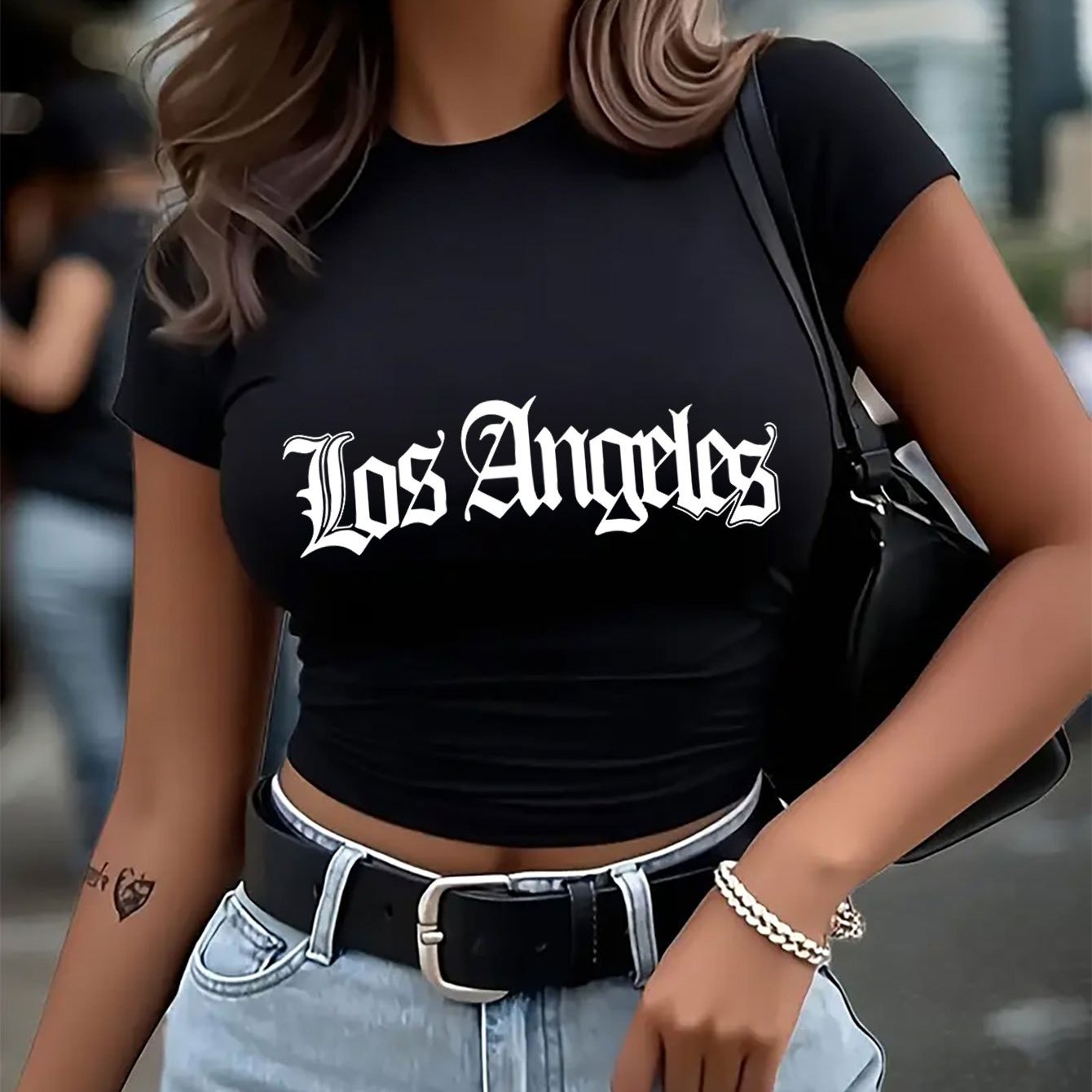 TEMU Women's Vibrant Letter Print Short Top - Soft Polyester Blend, Casual Short Sleeve Summer T-shirt, Fabric, For Summer, Women's T-shirt