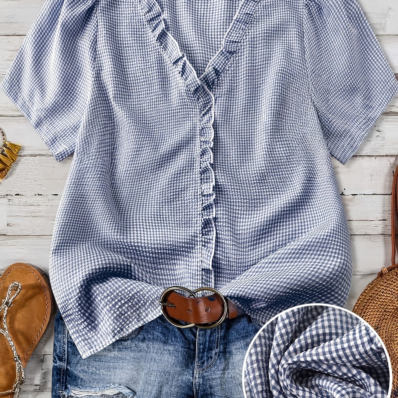 TEMU Women's Plaid V-neck Short-sleeve Casual Dress Shirt, Suitable For , Vacations, Nightclubs, And Other Occasions