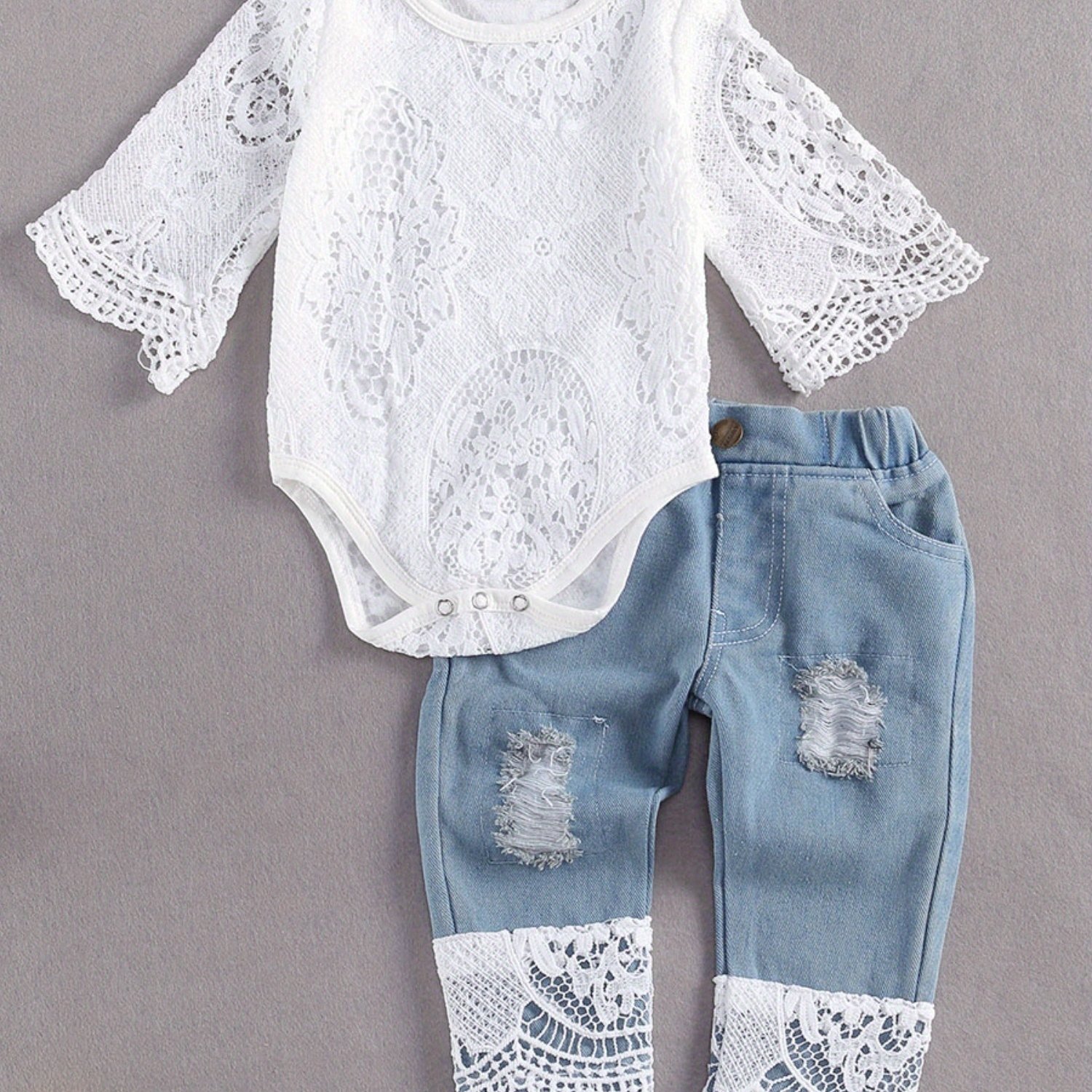 TEMU 3-24 Months Infant Baby Girl Denim Pants Set Trendy Outfit Lace Hollow Out Romper With Ripped Jeans Cute 2pcs Denim Trousers Clothes Sets, For