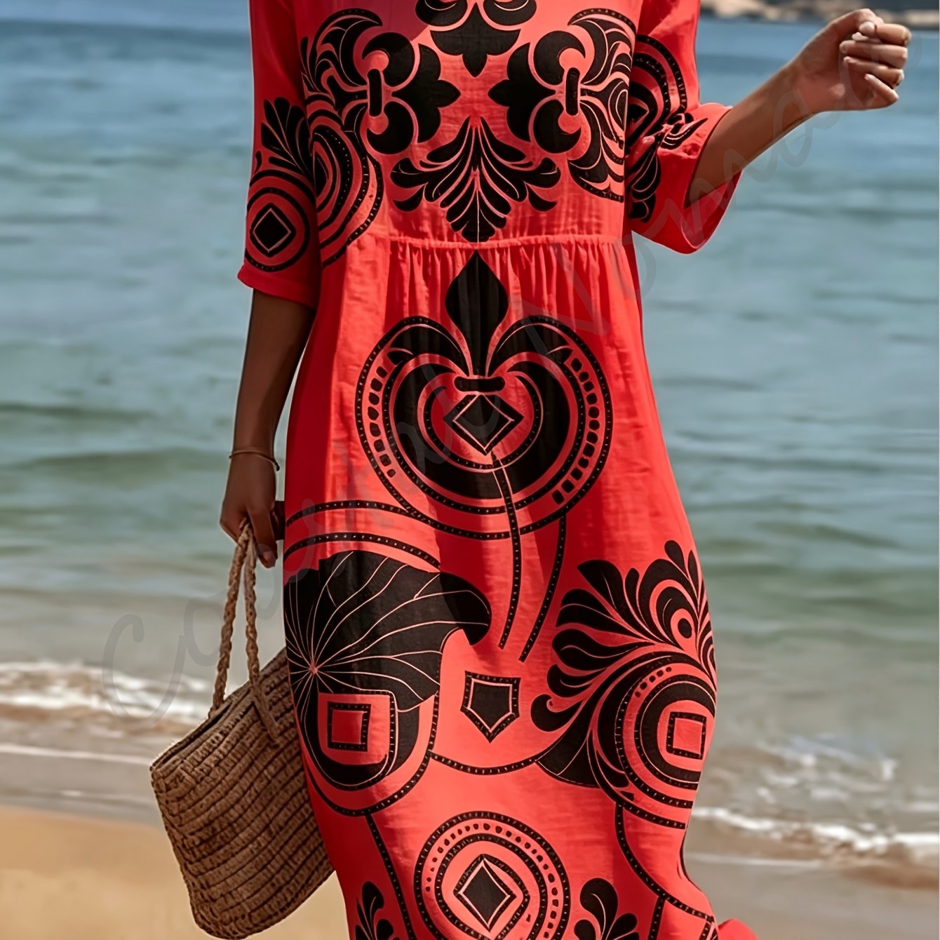 Minimalist Black White Line Art Ethnic Floral Women Loose Midi Beach Dress, Half Sleeve Round Neck High Waist Ruched Casual Beach Dress, Lightweight Breathable Minimalist Bohemian Sundress