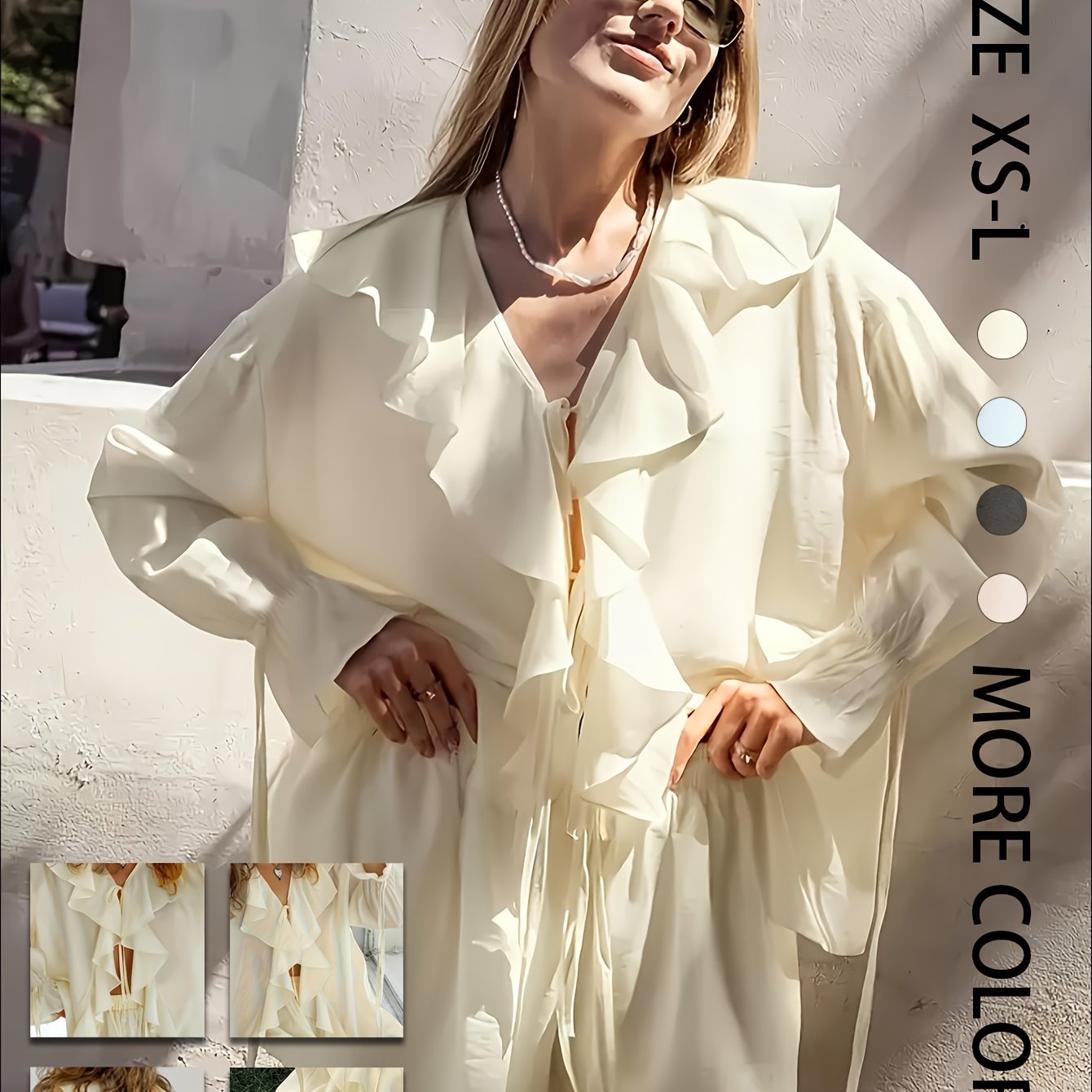 TEMU Completo da donna in stile western casual e delicato con , camicetta e pantaloni in chiffon con volant irregolari