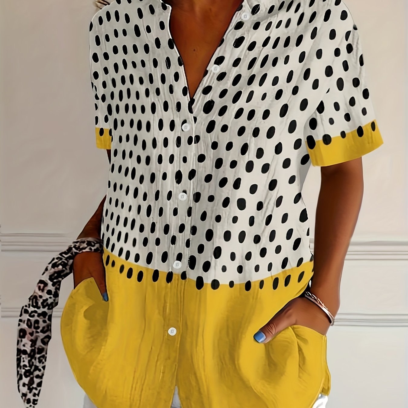 E-shop Plus Size - Retro Japanische Mode Polka Dot Print Damenmode Plus Size Button-Up Top Hawaiian Kurzarm Shirt
