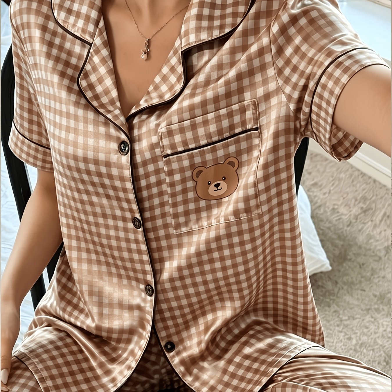 TEMU Women's 2pcs Short Long Brown Bear Checkered , Casual With Pocket Brown Bear Checkered Print Short Sleeve Top And Long Pants, Casual Wear