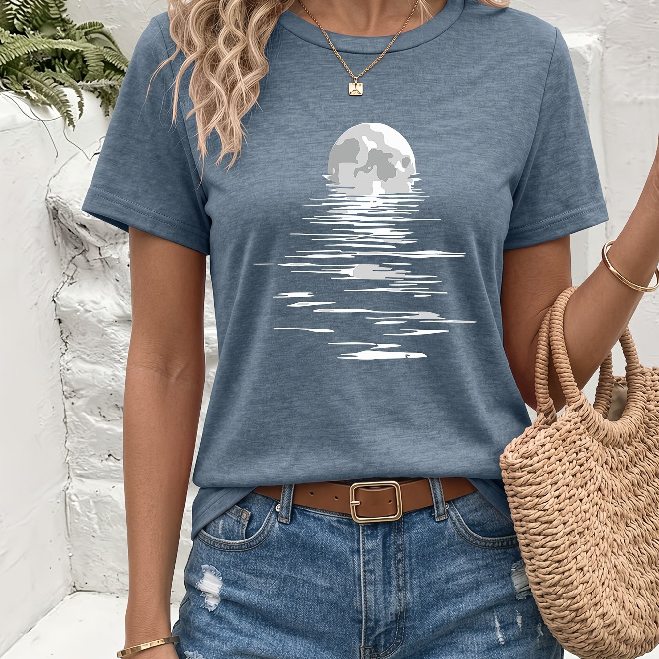 TEMU Lake Reflection Pattern Printed Round Neck Short Sleeve T-shirt, Comfortable And Breathable, Retro Casual, Summer Versatile -shirt