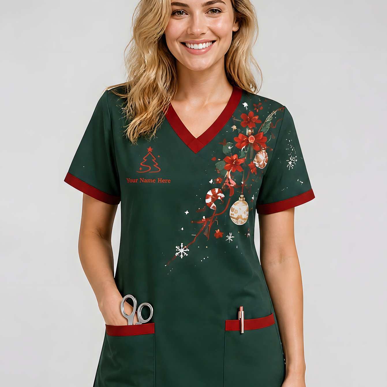 TEMU Christmas - V-neck Nurse Uniform With Christmas Floral Print, Customizable Name, Contrast Color Short-sleeve Printed Scrub Top, Multi-pocket