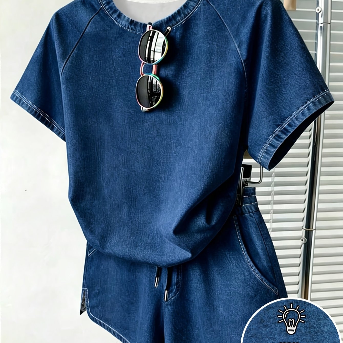 TEMU [printed Pants - Not Denim Fabric]casual Denim Women'-piece Set, Soft -friendly Fabric, Drop Shoulder Short Sleeve Top And Drawstring Shorts
