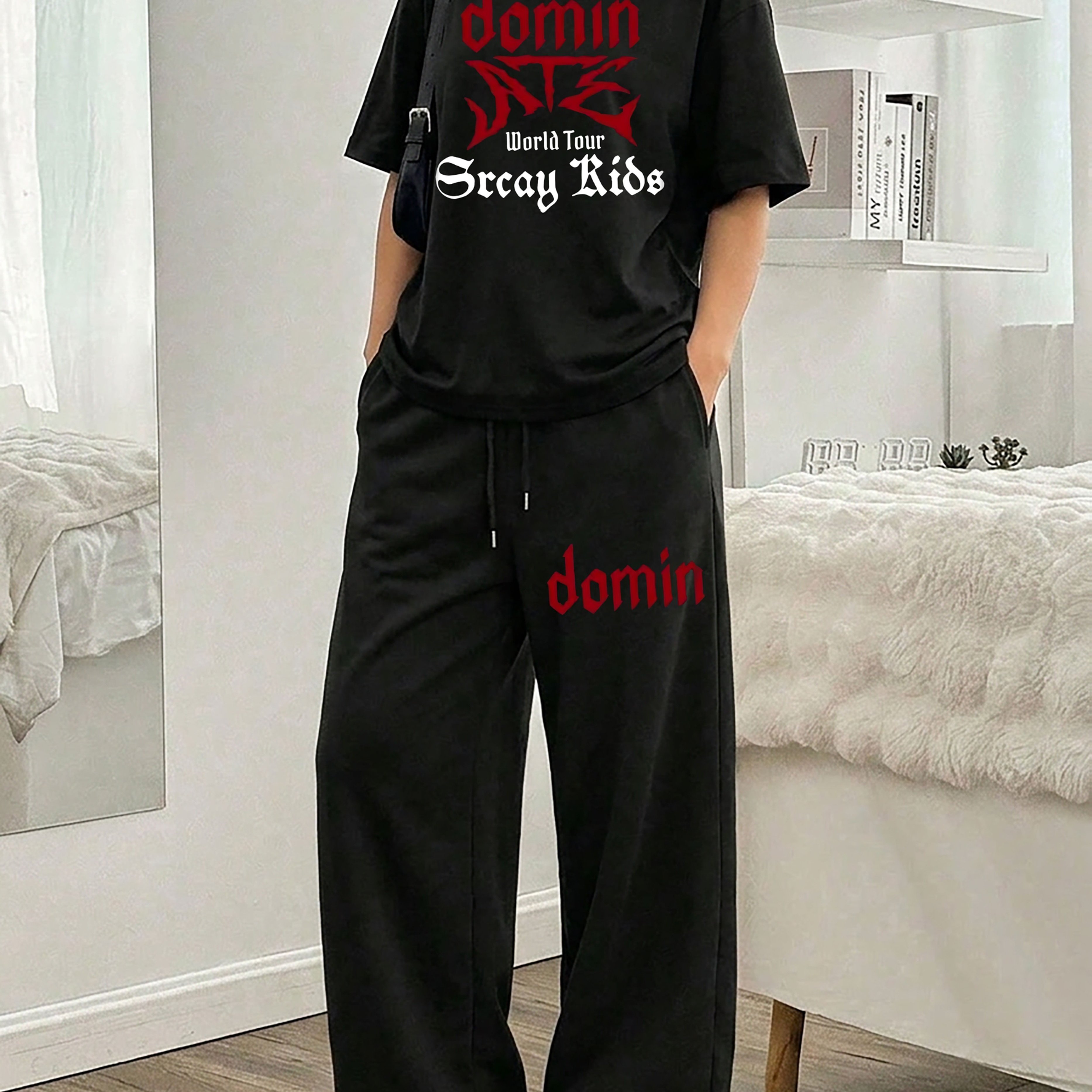 TEMU Women's Casual Streetwear "" Print Round Neck Short Sleeve Top And Loose Drawstring Long Pants 2pcs Set, Women's Fashion Outfit, Suitable For