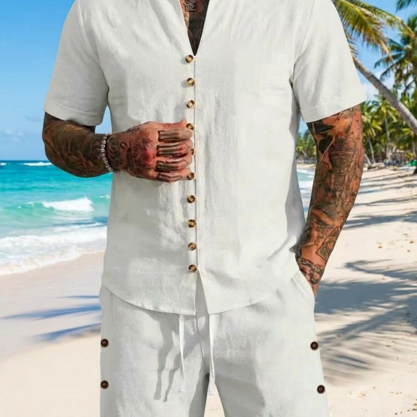 Summer Men's New Casual Sports Suit - Cuban-style Short-sleeved Button- Shirt With Button-up Shorts Set