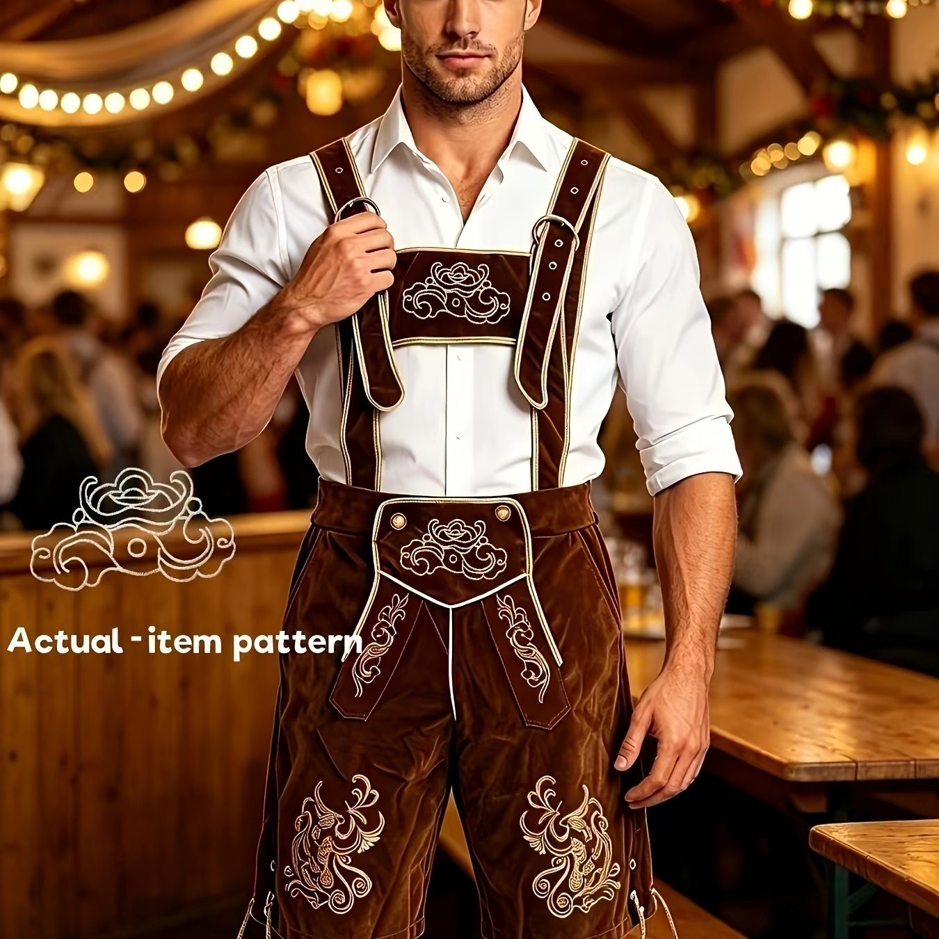 TEMU Halloween Costume Munich Oktoberfest Men's Stylish Suspenders Pants, Perfect For Oktoberfest Parties, Dances, And Evening Events, Featuring Folk
