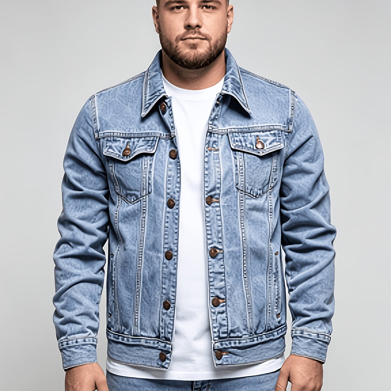 Image of Men's Vintage Washed Denim Jacket - Collar Four-pocket Flight Suitable For Daily Wear, Machine Washable Button Closure Jacket, Regular Fit For Casual & -casual Outfits