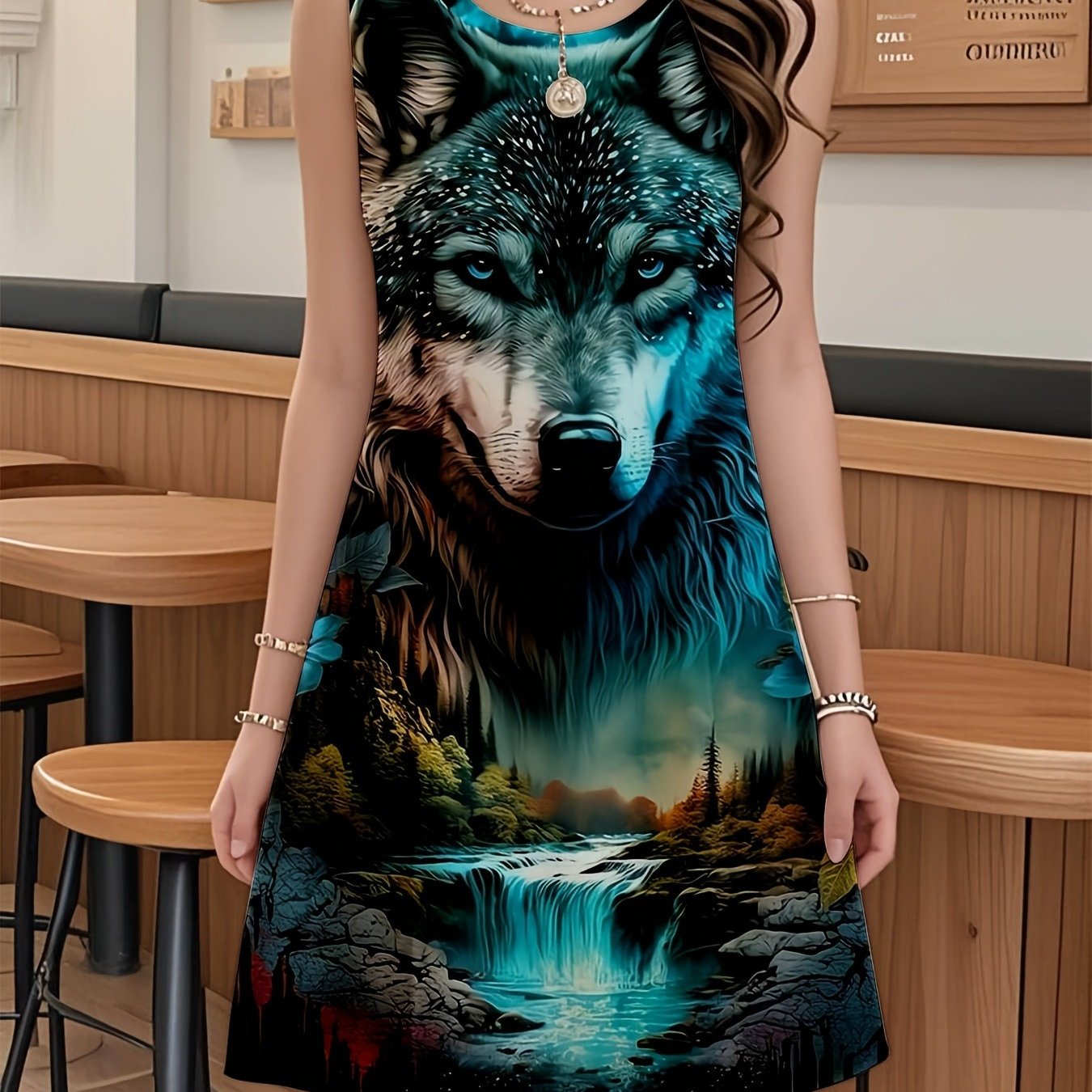 Image of A Summer Outfit Featuring An Animal Pattern, This Casual Sleeveless Round Neck Dress Is Perfect For The Beach. A Stylish For Women, Showcasing A Wolf Design, And Is A Must-have For Summer Trips