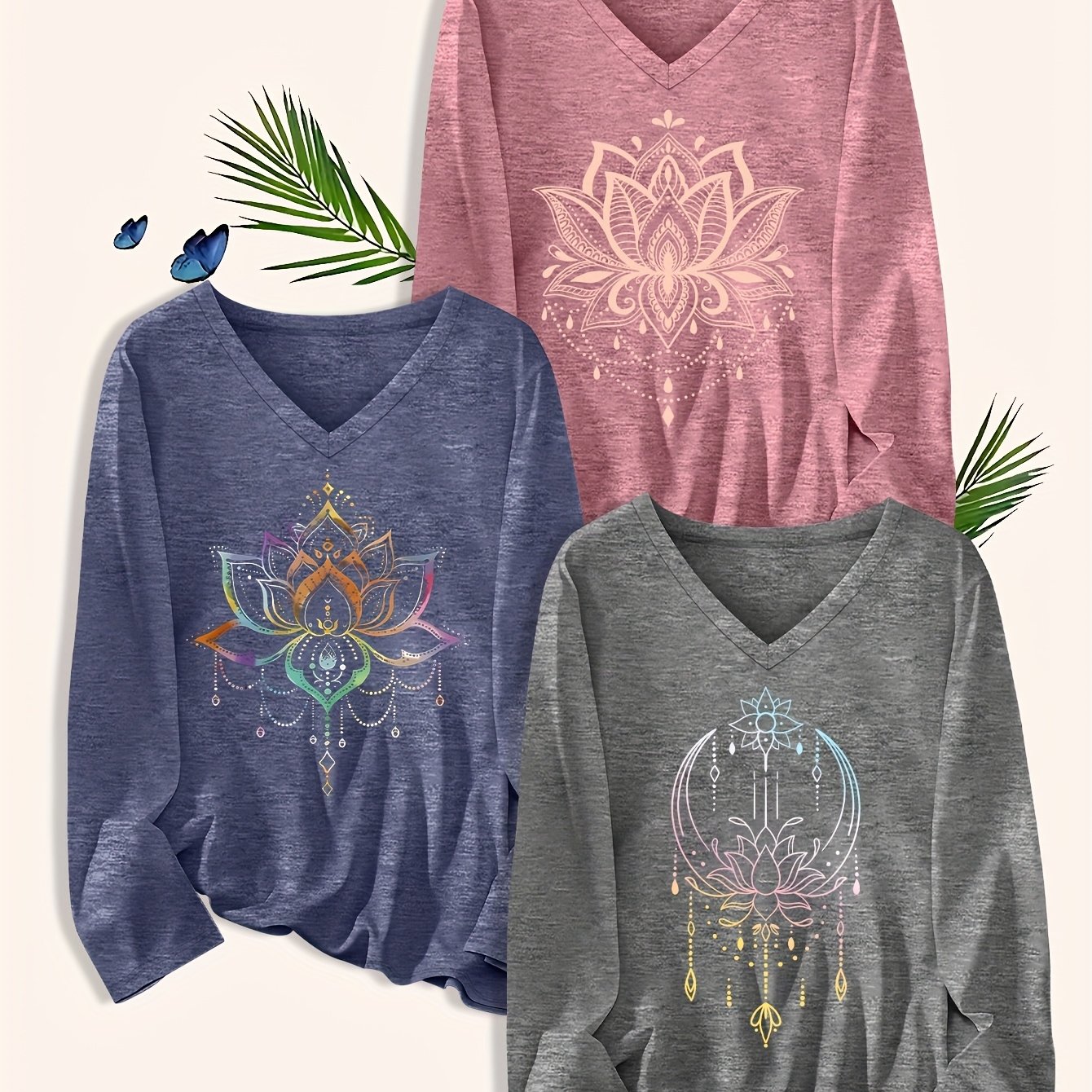 TEMU Plus Size, Versatile T-shirt 3pcs Set: Spring/summer New Arrival Plus Size Women's Fashion Print " Colorful For Lotus" Casual Long Sleeve V-neck