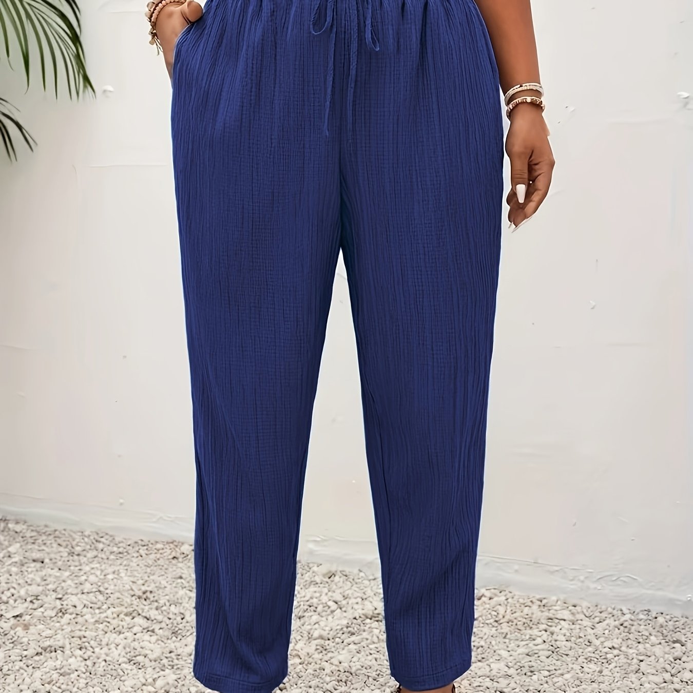 TEMU Plus Size - Women's Fashion Pocket Trousers, Casual Individual Drawstring Design, Elegant Loose Straight Pants, Comfortable Elastic Waist, Daily