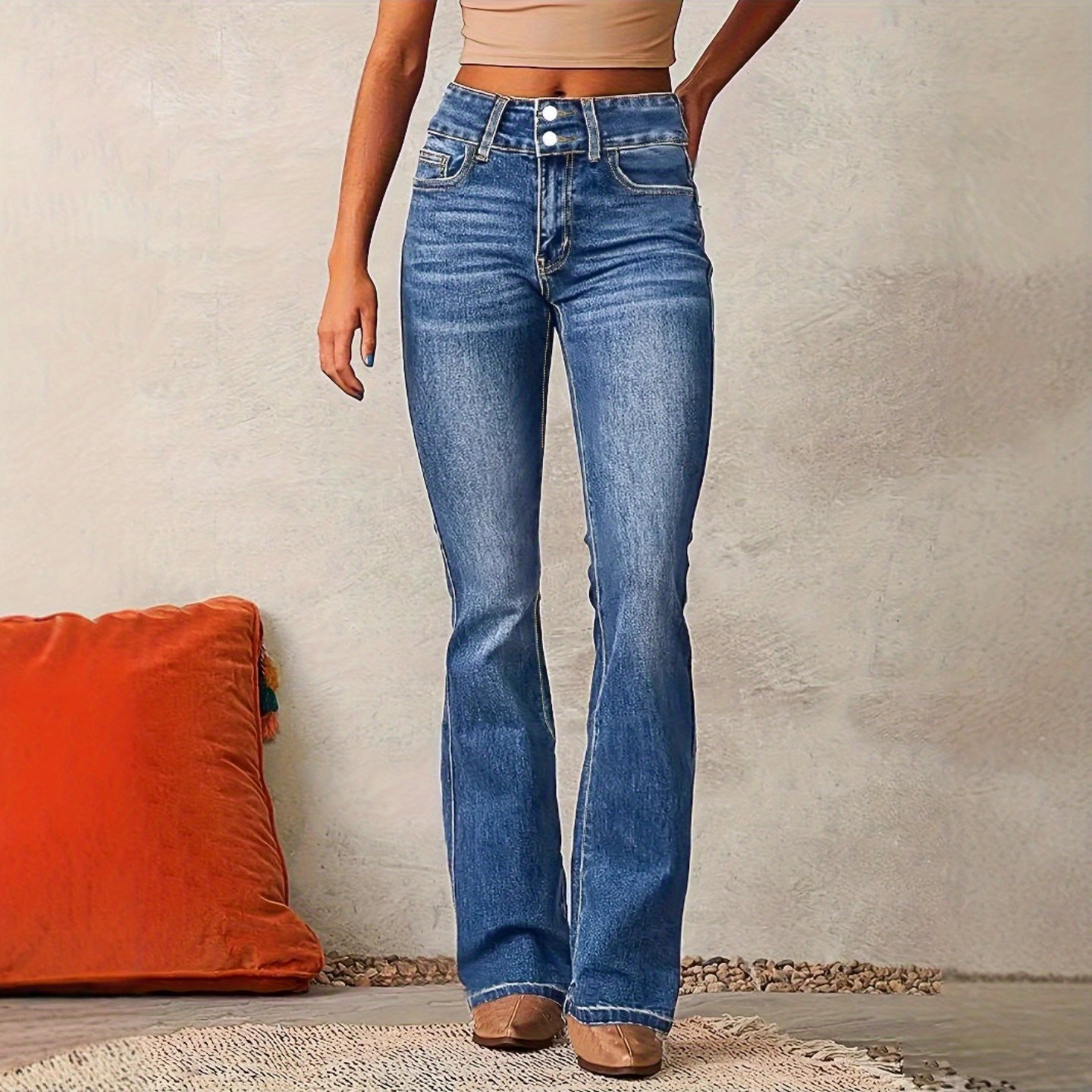 TEMU 1 Pair Women's Retro Stretch Washed Bootcut Jeans, Streetwear Style Flared Denim Trousers, S-xxl