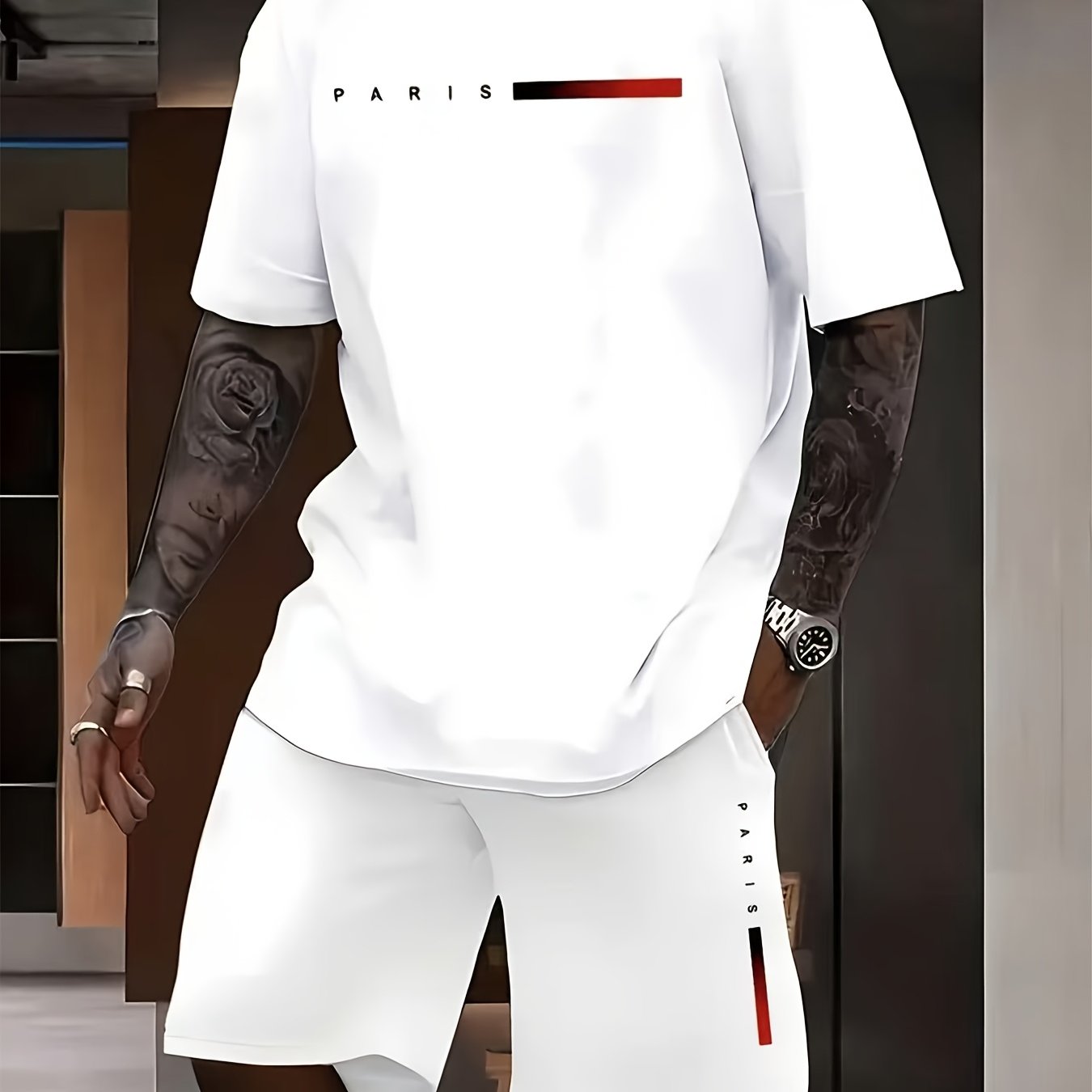 E-shop Herren Loungewear Set mit Premium-Gefühl, Kurzarm-Pyjama für alle Jahreszeiten, mit elastischen Shorts mit Gürtel, die auch im Freien getragen