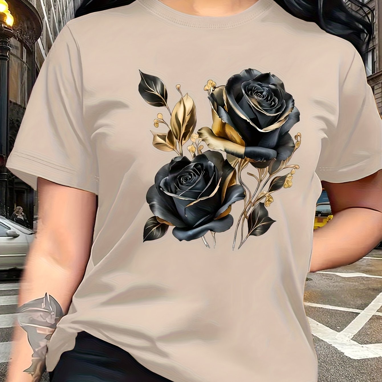TEMU A Stylish And Breathable T-shirt Featuring A Luxurious Vintage Design With A Black And Golden Rose Pattern, Perfect For Family Trips, , Casual,