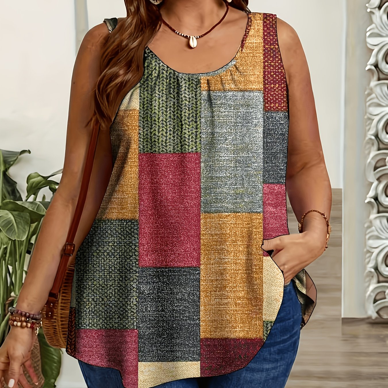TEMU Plus Size, Women's Vintage Color-block Plaid Sleeveless Vest, Loose Fit Round Neck Casual Versatile Fashionable Top