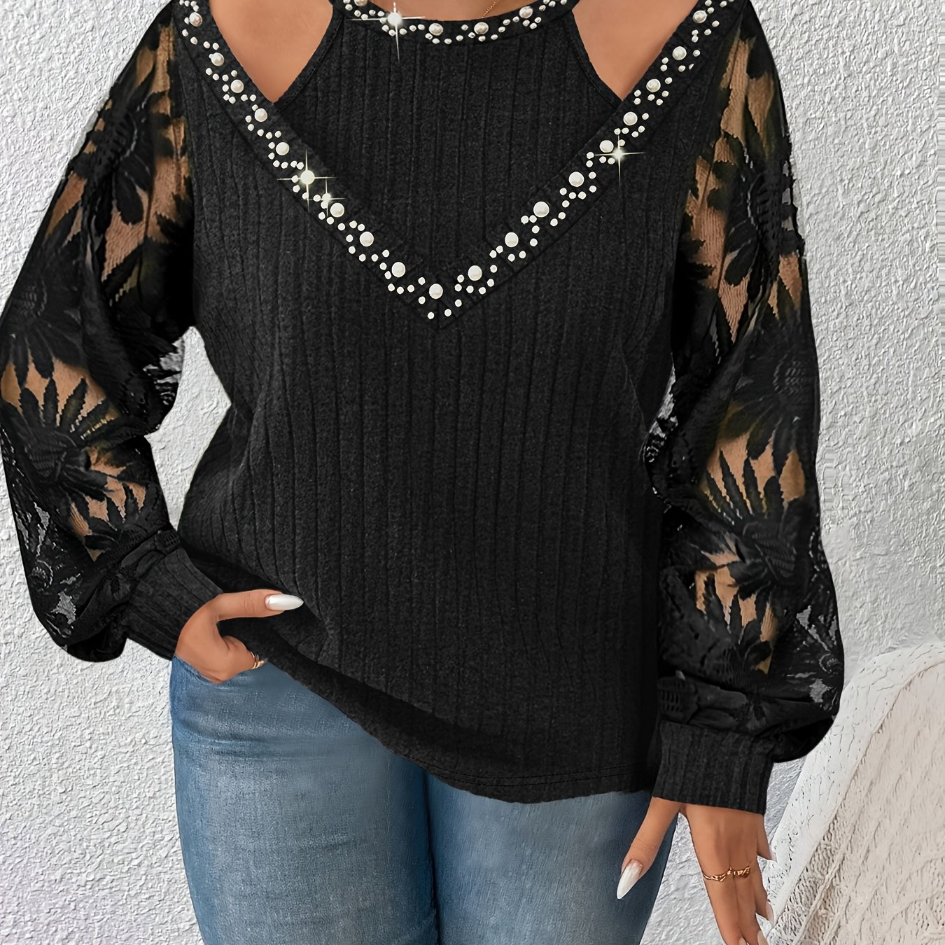 Image of Plus Size Women's Top, Western Fashion Summer Black Two-piece Lace Beaded Decoration Long Sleeve T-shirt