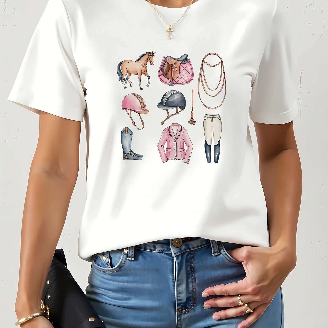 TEMU 1pc Women's Cute Riding Doodle Print T-shirt - Pink Equestrian Graphic Tee With Round Neck, Breathable Summer Casual Top For S & Women, Machine