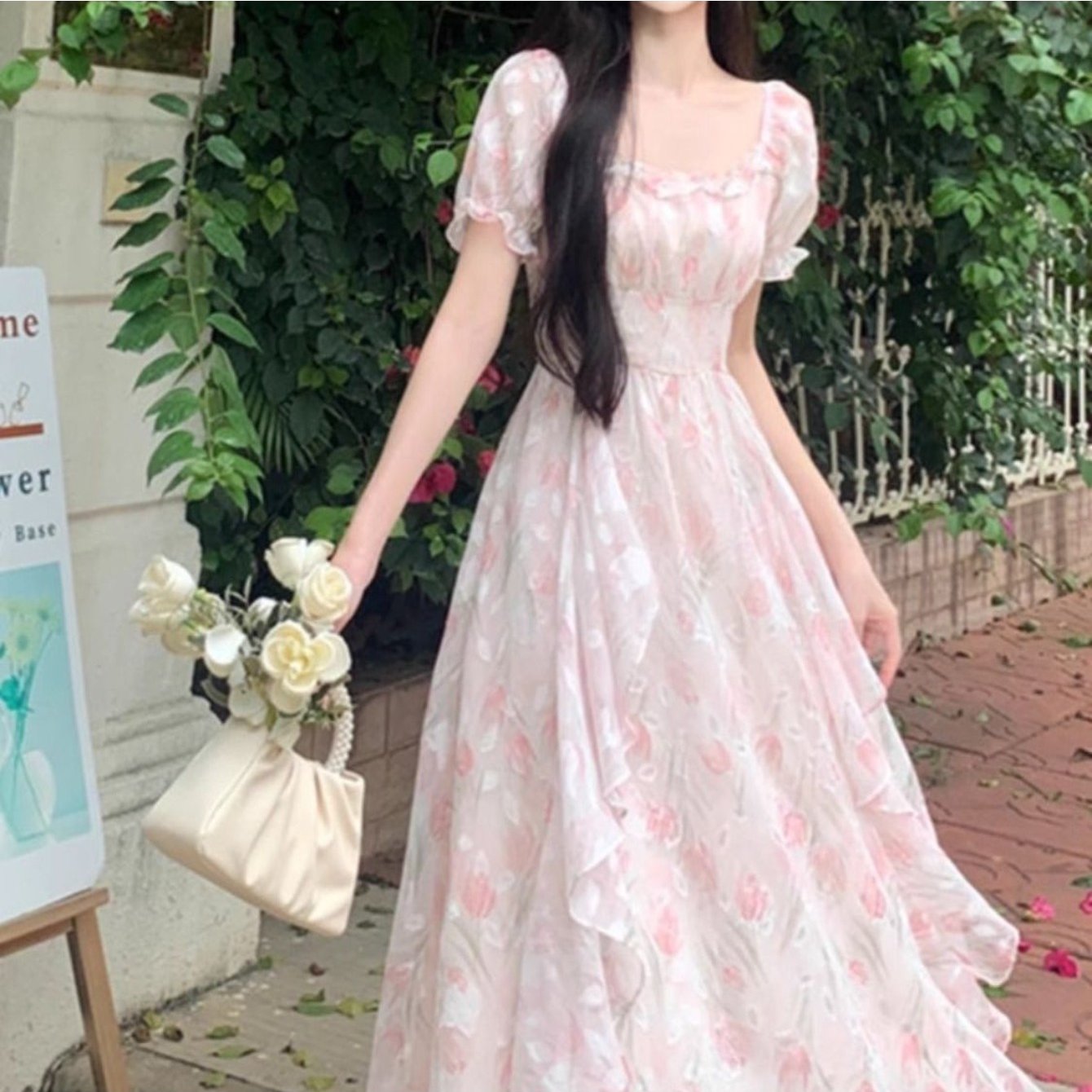TEMU 【大きいサイズ】プラスサイズ - プラスサイズ - 夏の花柄ドレス、ネックライン、とウエストを引き締める、魅力的なフィット感、妖精のような風合いを実現
