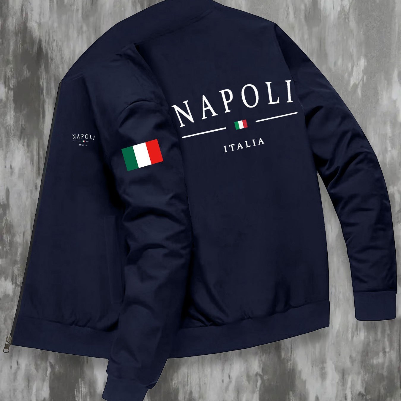 TEMU Men's Zip-up Baseball Collar Jacket With Italian Napoli City Letter And Print, Spring/autumn Long-sleeve Loose-fit Simple Casual Top, Suitable