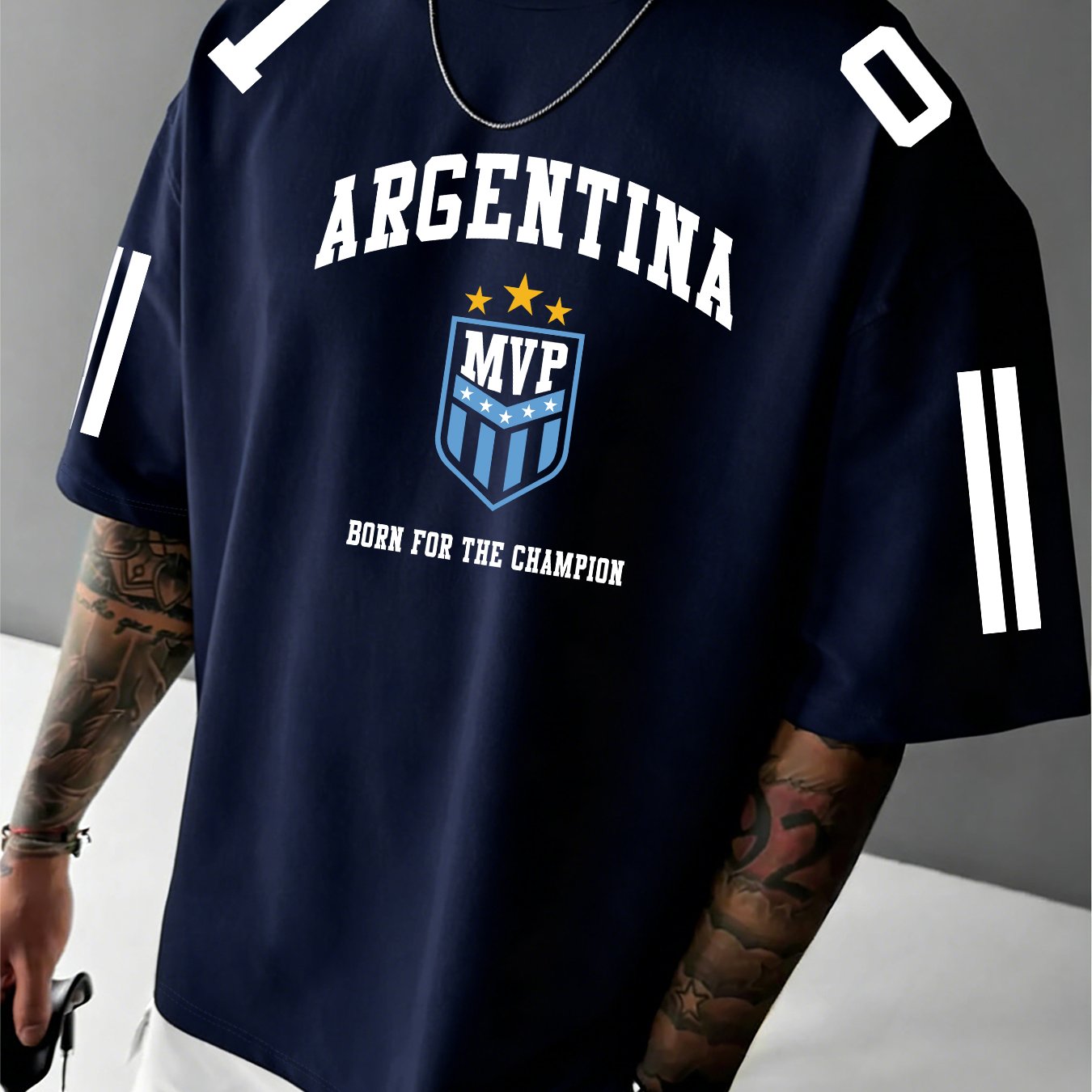 TEMU New Summer Men's Round Neck Short Sleeve T-shirt With Born For The Argentina Print, Featuring A Trendy Sports Style, Regular Fit, , And